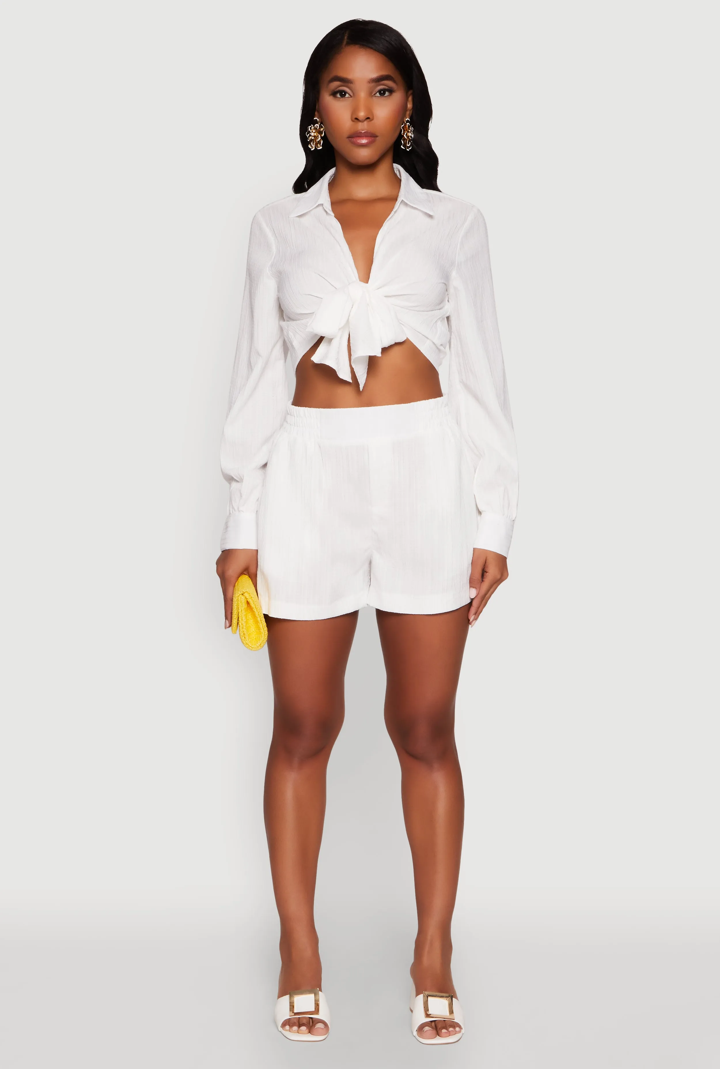 Chic Textured Knit Bubble Sleeve Tie Front Crop Top sold by Rainbow product image thumbnail 2