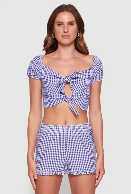 Madden Girl Gingham Peasant Top with Tie Front and Puff Sleeves sold by Rainbow