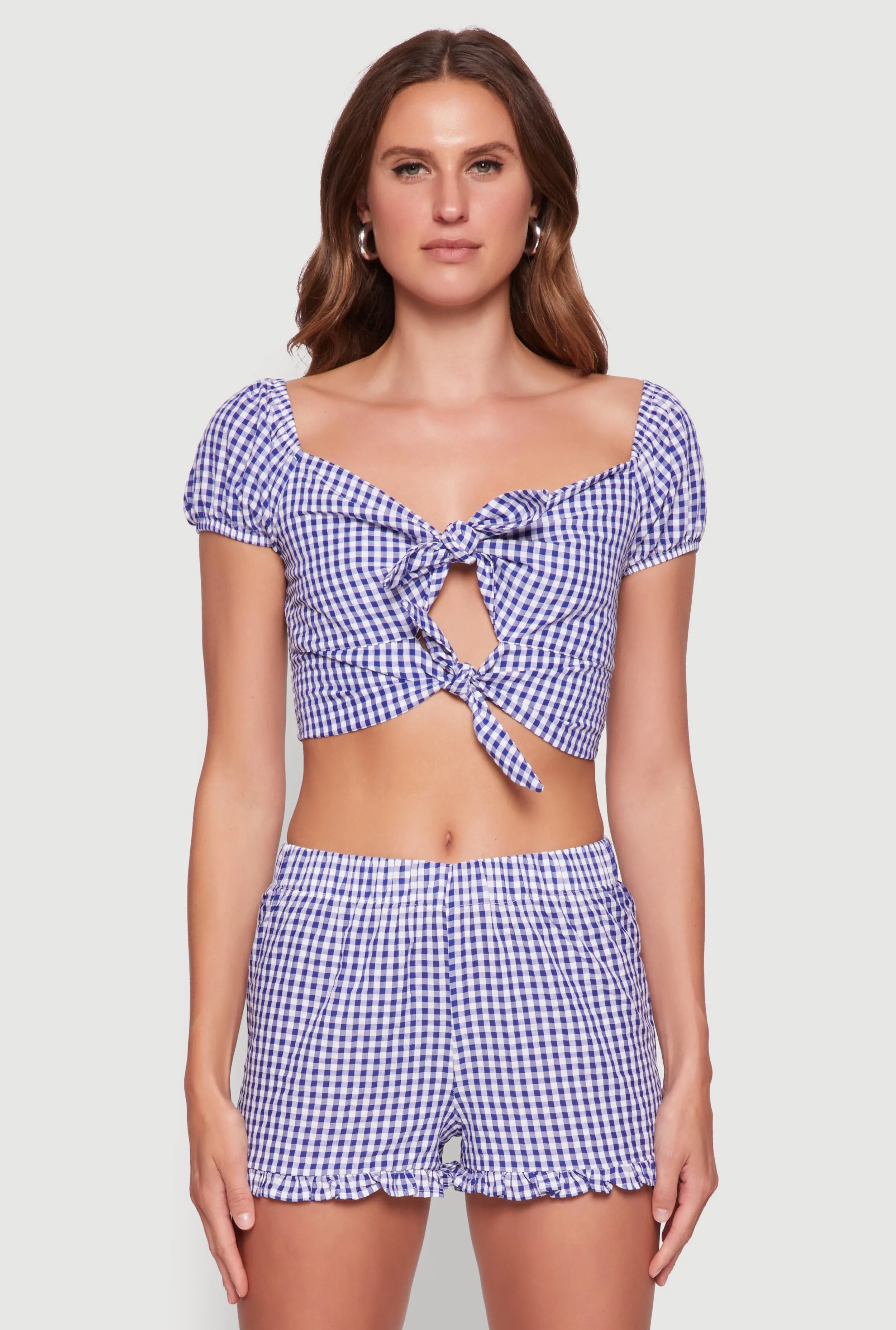 Madden Girl Gingham Peasant Top with Tie Front and Puff Sleeves sold by Rainbow