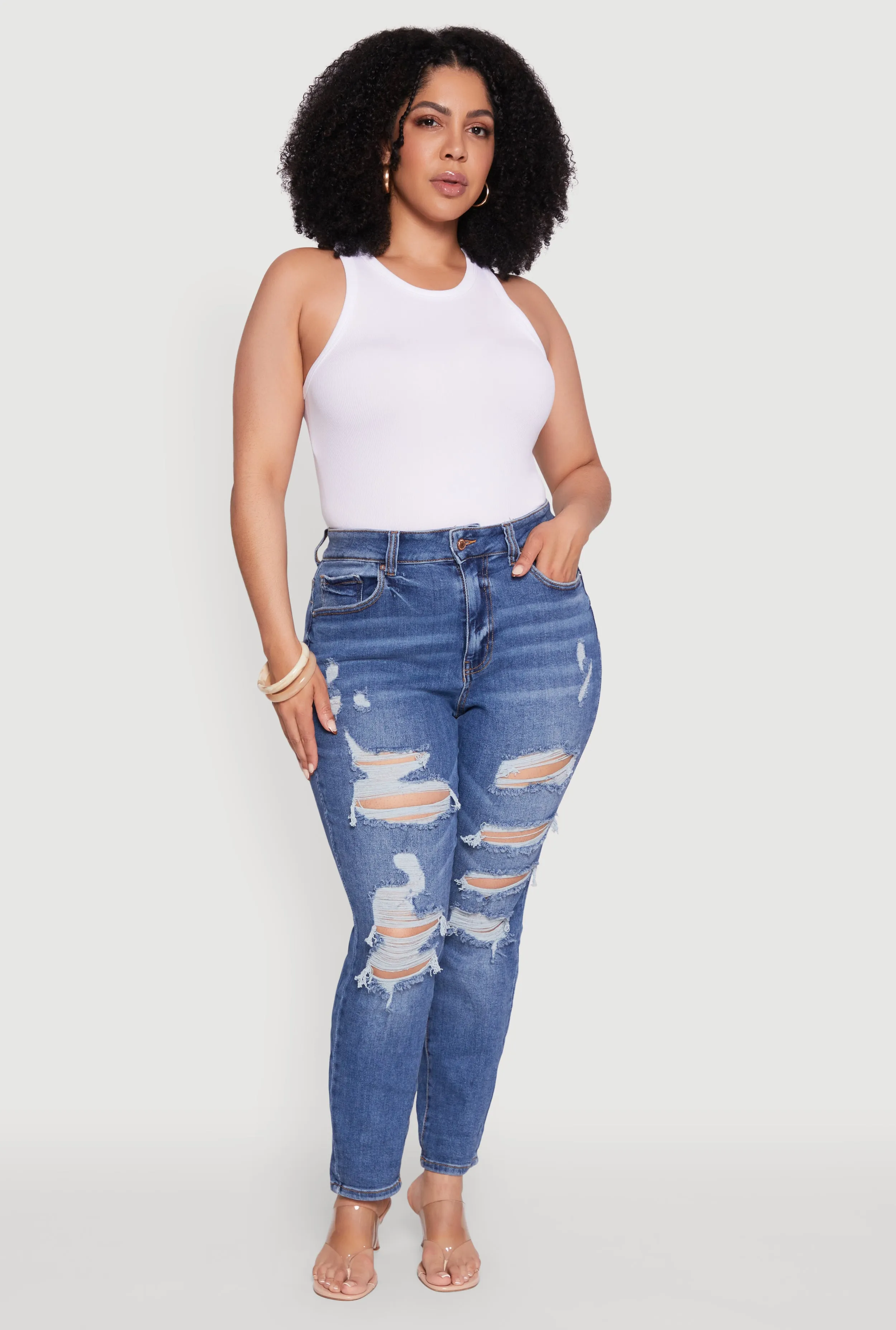 Plus Size WAX High Waist Whiskered Distressed Jeans sold by Rainbow