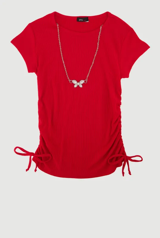 Girls Ribbed Knit Tee with Rhinestone Butterfly Necklace sold by Rainbow