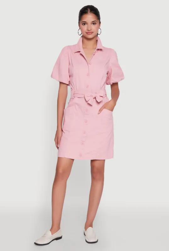 Chic Twill Puff Sleeve Shirt Dress with Tie Waist Belt sold by Rainbow