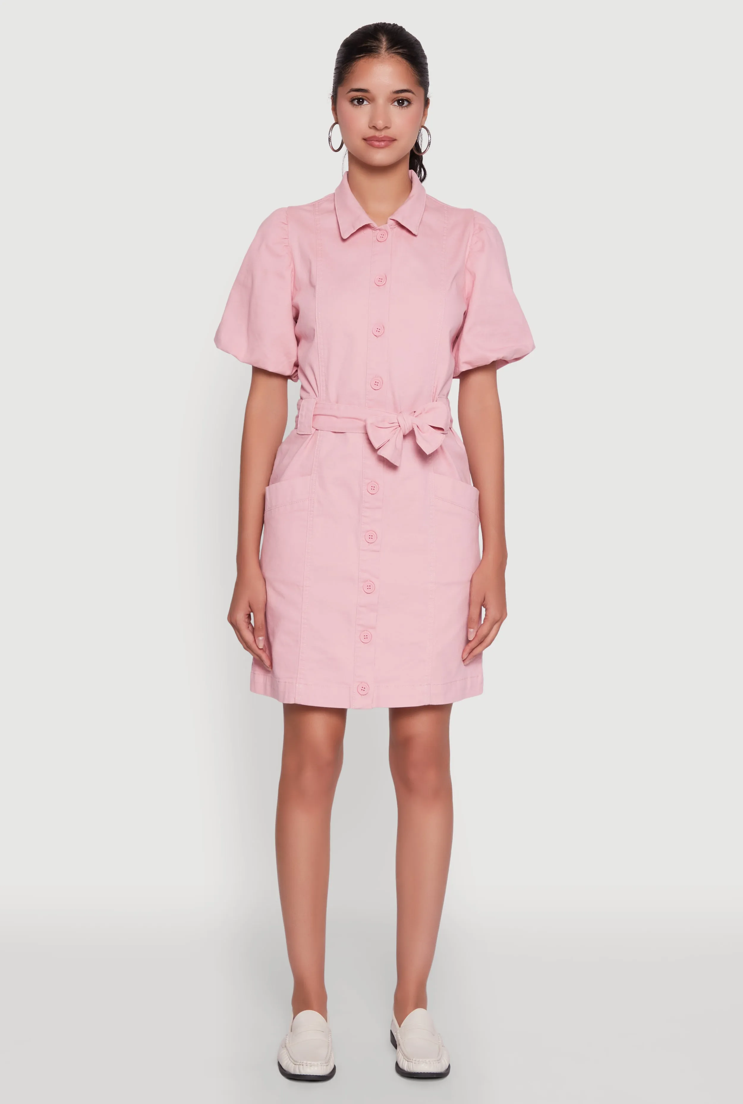 Chic Twill Puff Sleeve Shirt Dress with Tie Waist Belt sold by Rainbow product image thumbnail 2
