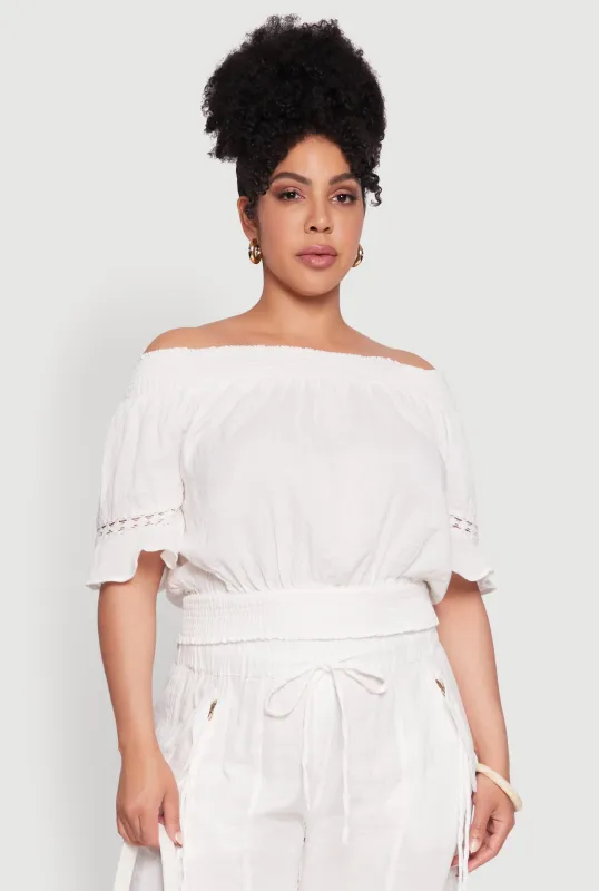 Plus Size Chic Crochet Detail Off Shoulder Blouse sold by Rainbow