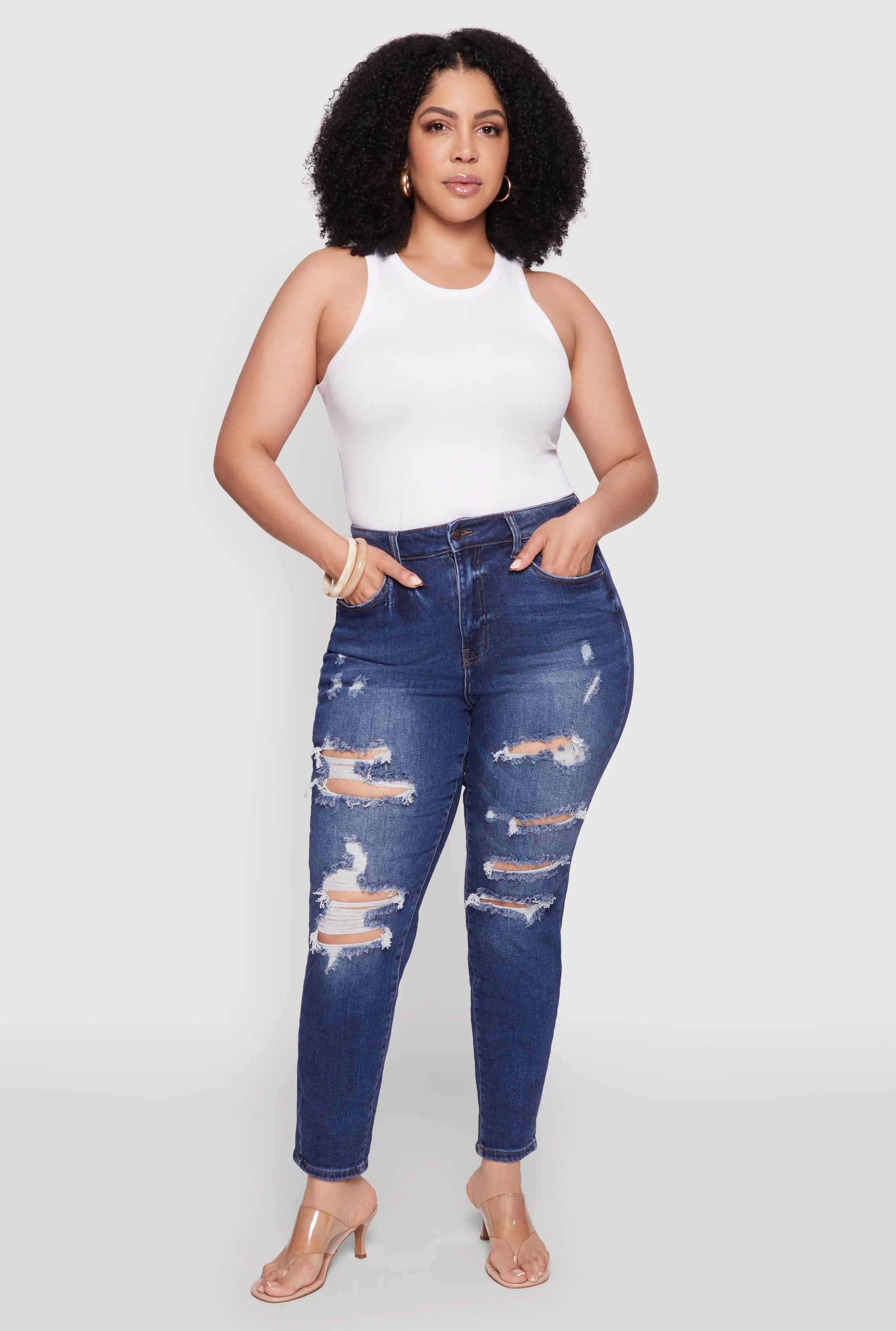 Plus Size WAX High Waist Whiskered Distressed Jeans sold by Rainbow