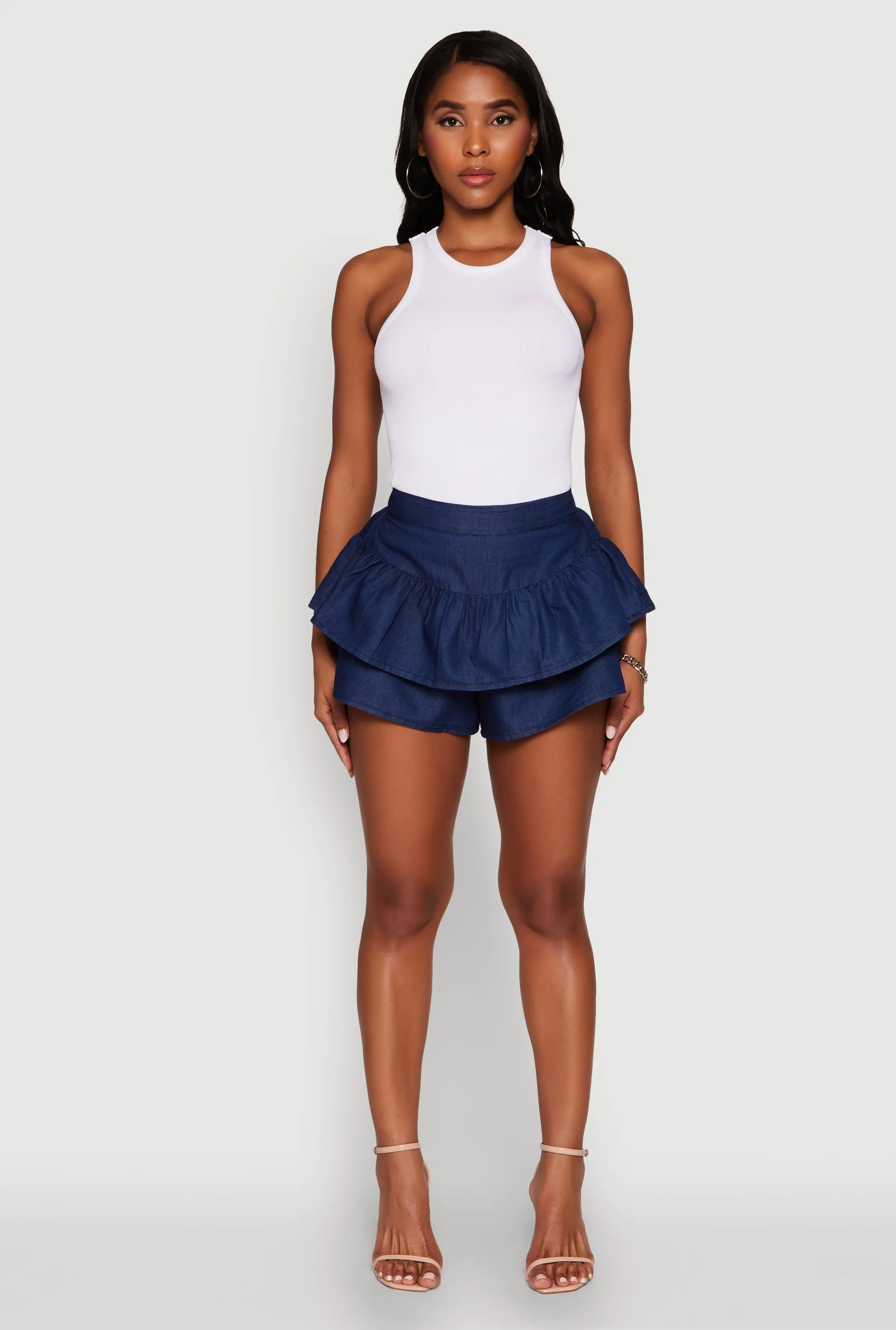 Stylish Chambray Tiered High Waisted Ruffle Shorts sold by Rainbow