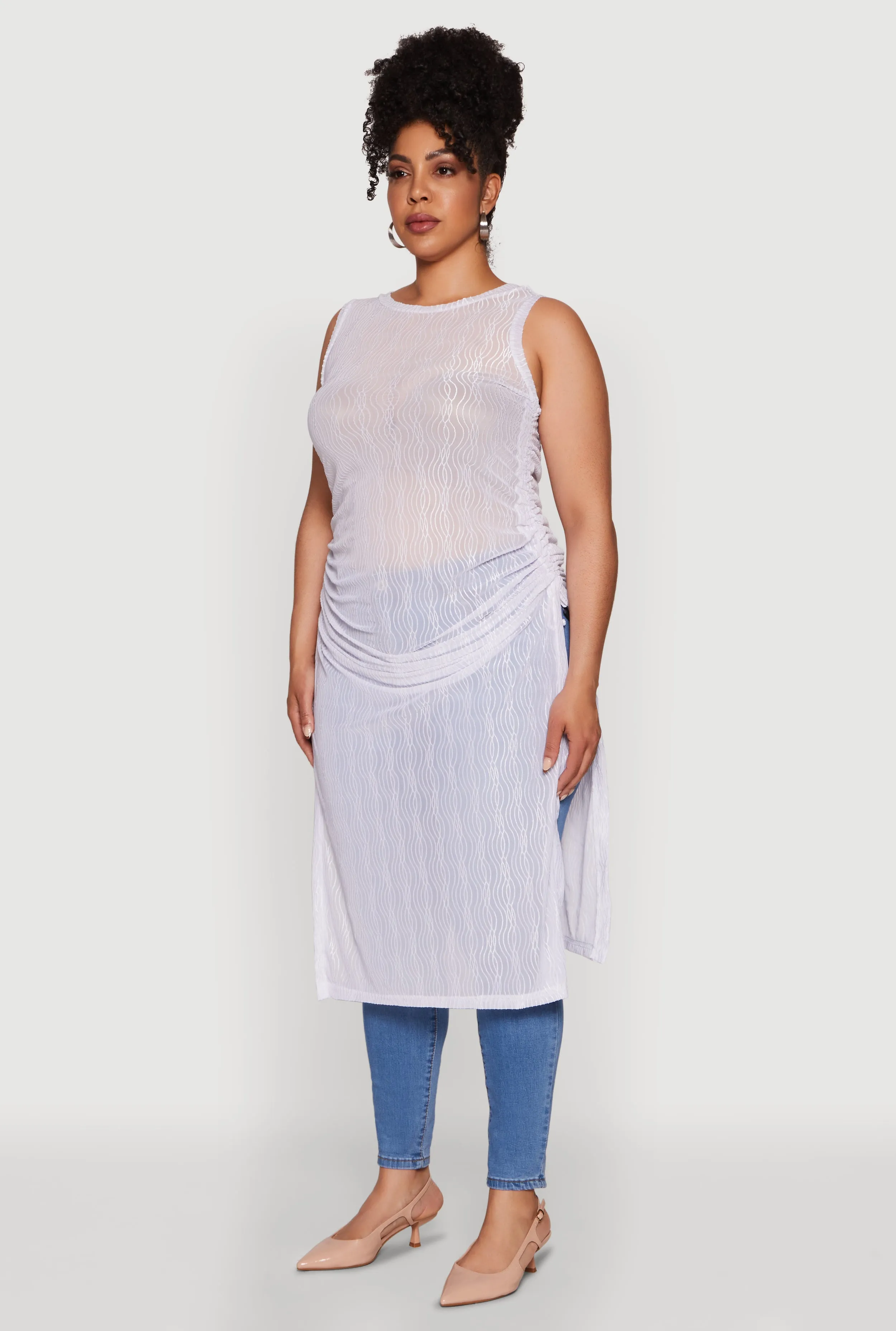 Plus Size Stylish Mesh Side Slit Tank Top with Ruching and Maxi Hem sold by Rainbow product image thumbnail 5