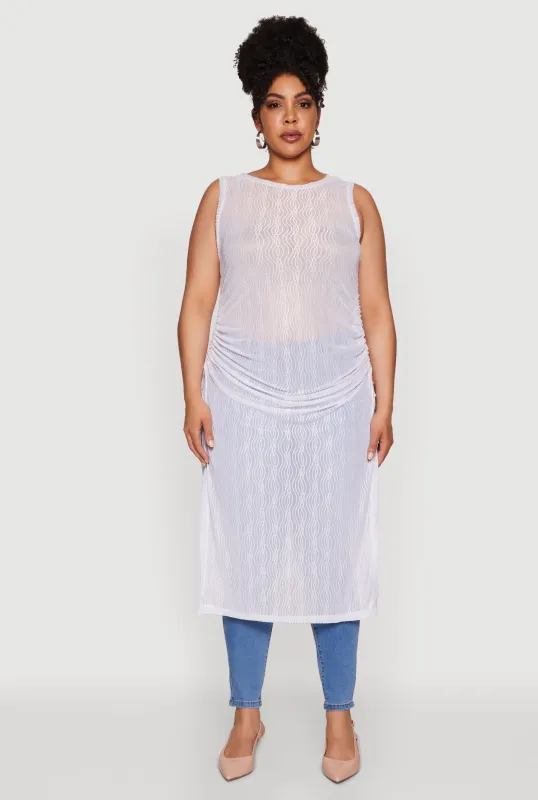 Plus Size Stylish Mesh Side Slit Tank Top with Ruching and Maxi Hem sold by Rainbow