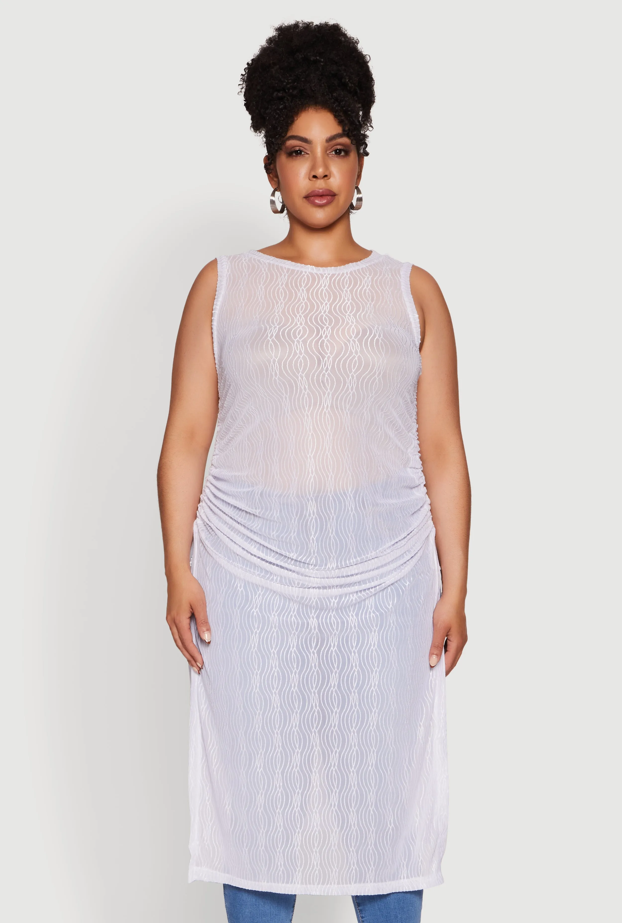 Plus Size Stylish Mesh Side Slit Tank Top with Ruching and Maxi Hem sold by Rainbow product image thumbnail 2