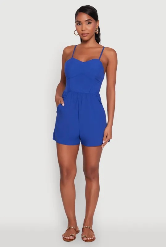 Chic Sleeveless Padded Cup Romper with Pockets and Smocked Details sold by Rainbow
