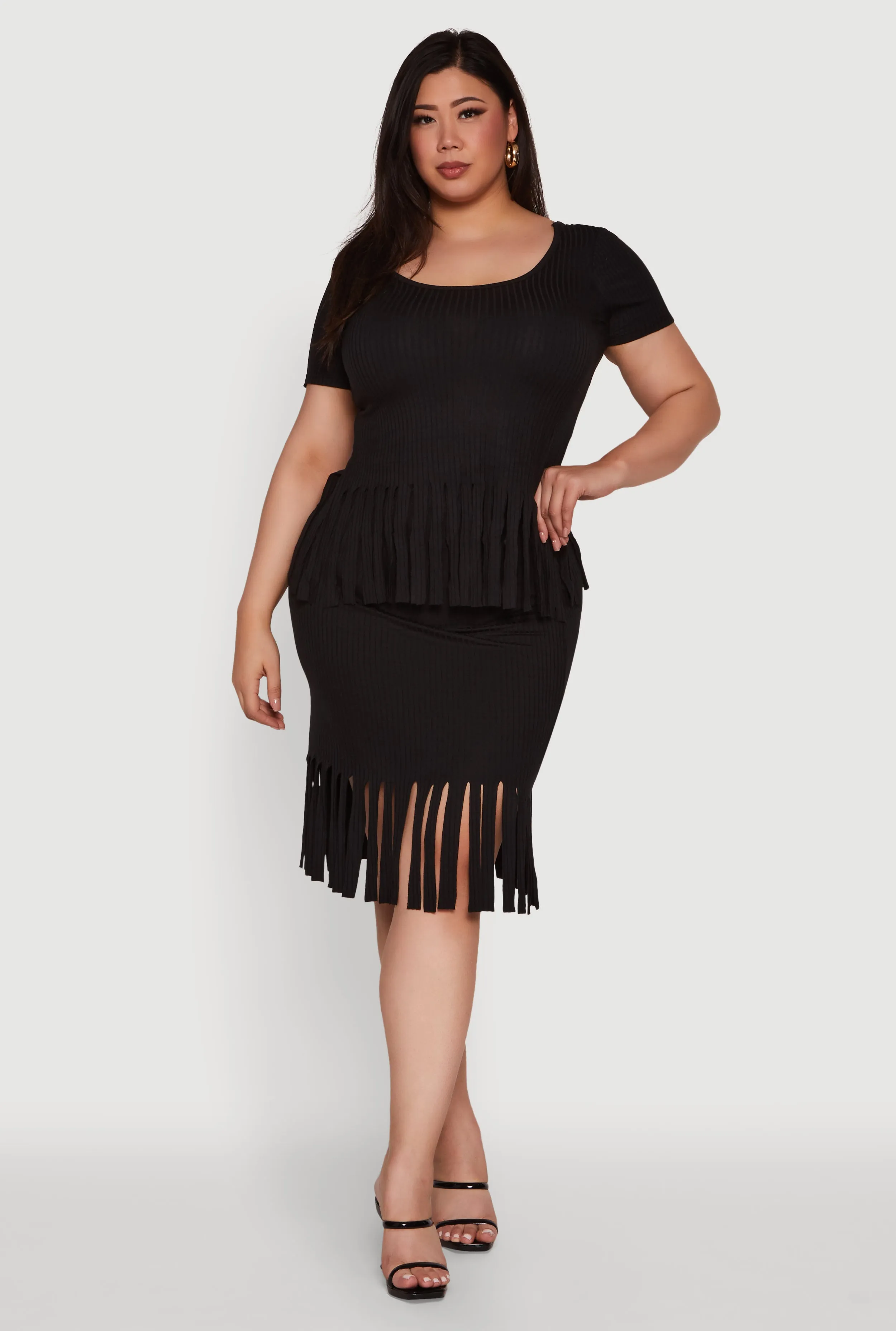 Plus Size High Waisted Ribbed Knit Fringe Midi Skirt sold by Rainbow product image thumbnail 2
