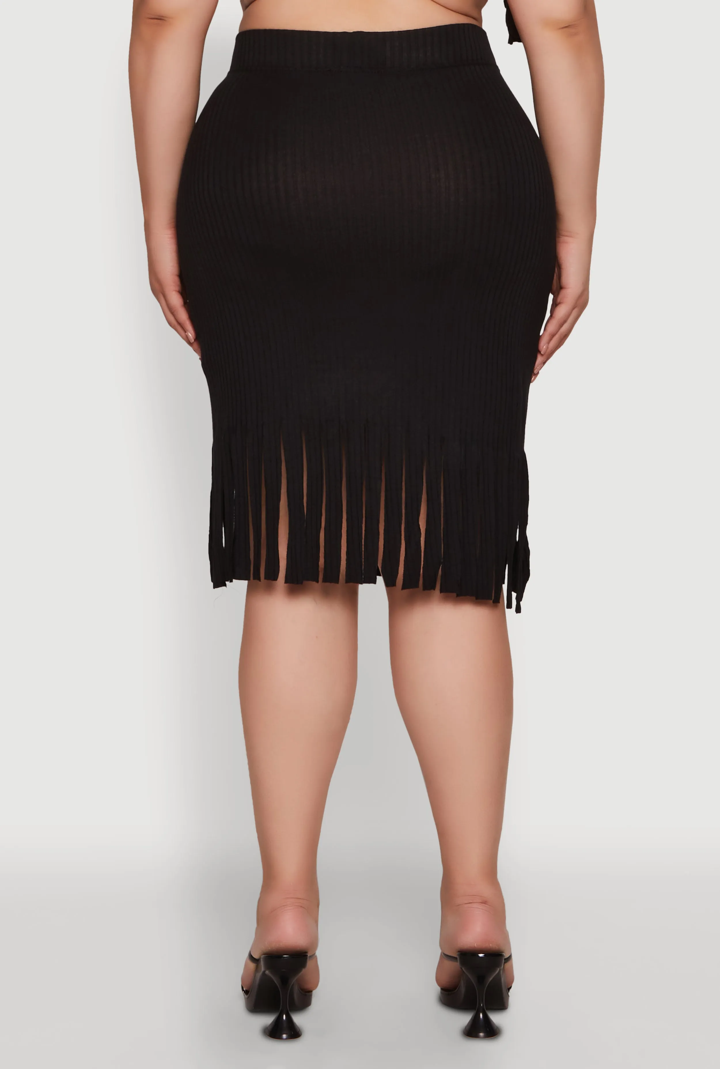 Plus Size High Waisted Ribbed Knit Fringe Midi Skirt sold by Rainbow product image thumbnail 5