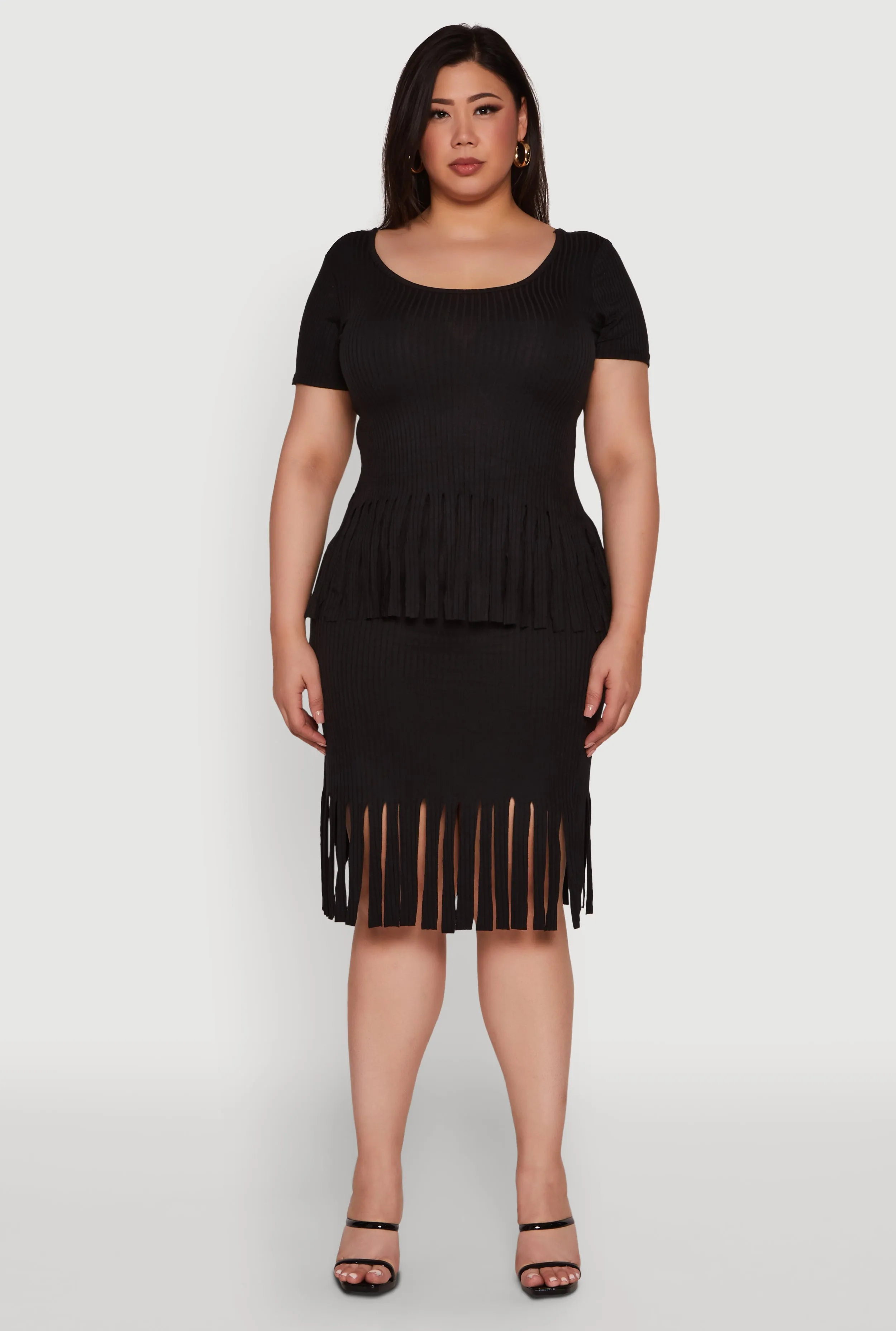 Plus Size High Waisted Ribbed Knit Fringe Midi Skirt sold by Rainbow