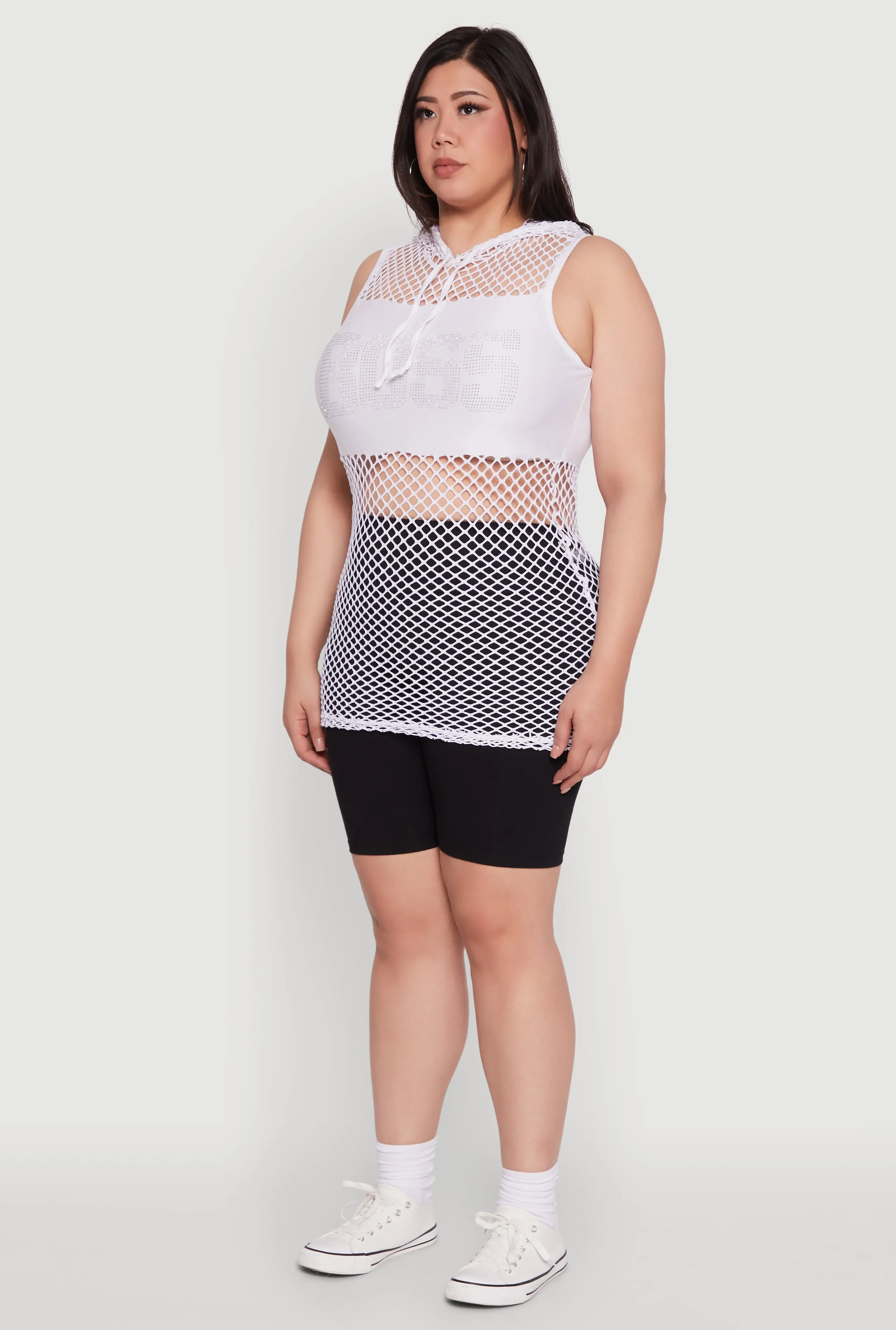 Plus Size Fishnet Boss Rhinestone Hooded Tank Top sold by Rainbow product image thumbnail 5