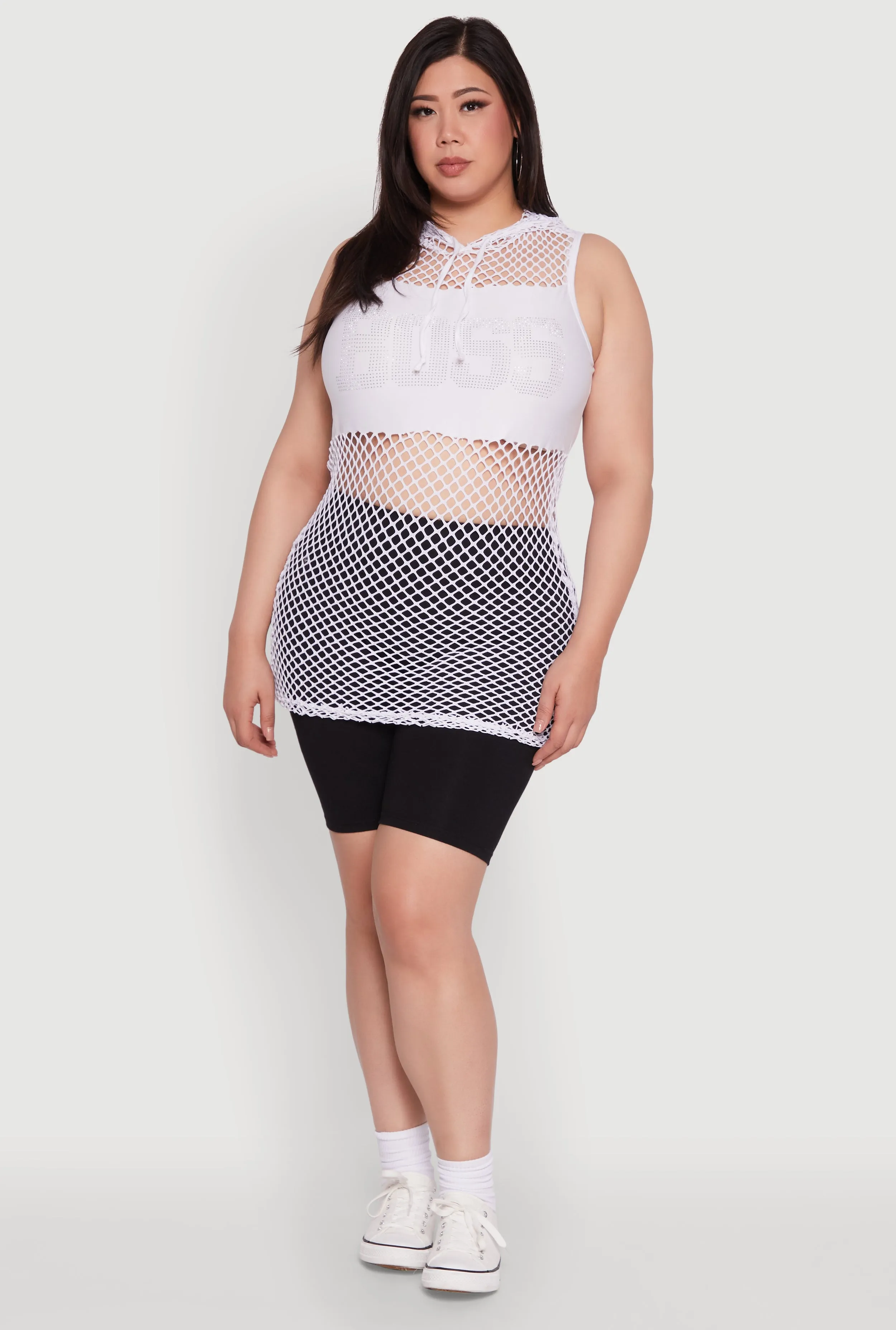 Plus Size Fishnet Boss Rhinestone Hooded Tank Top sold by Rainbow