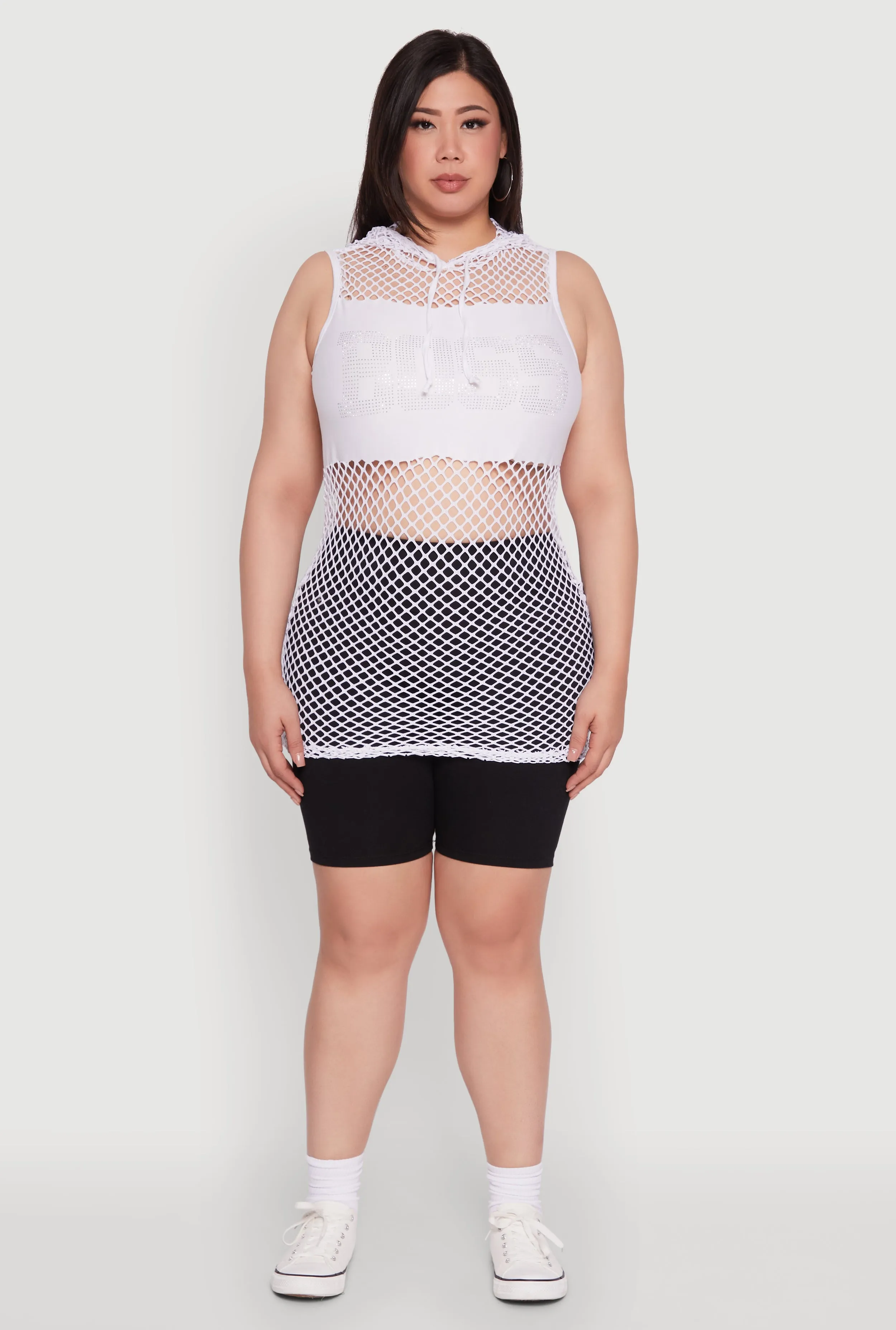 Plus Size Fishnet Boss Rhinestone Hooded Tank Top sold by Rainbow product image thumbnail 3