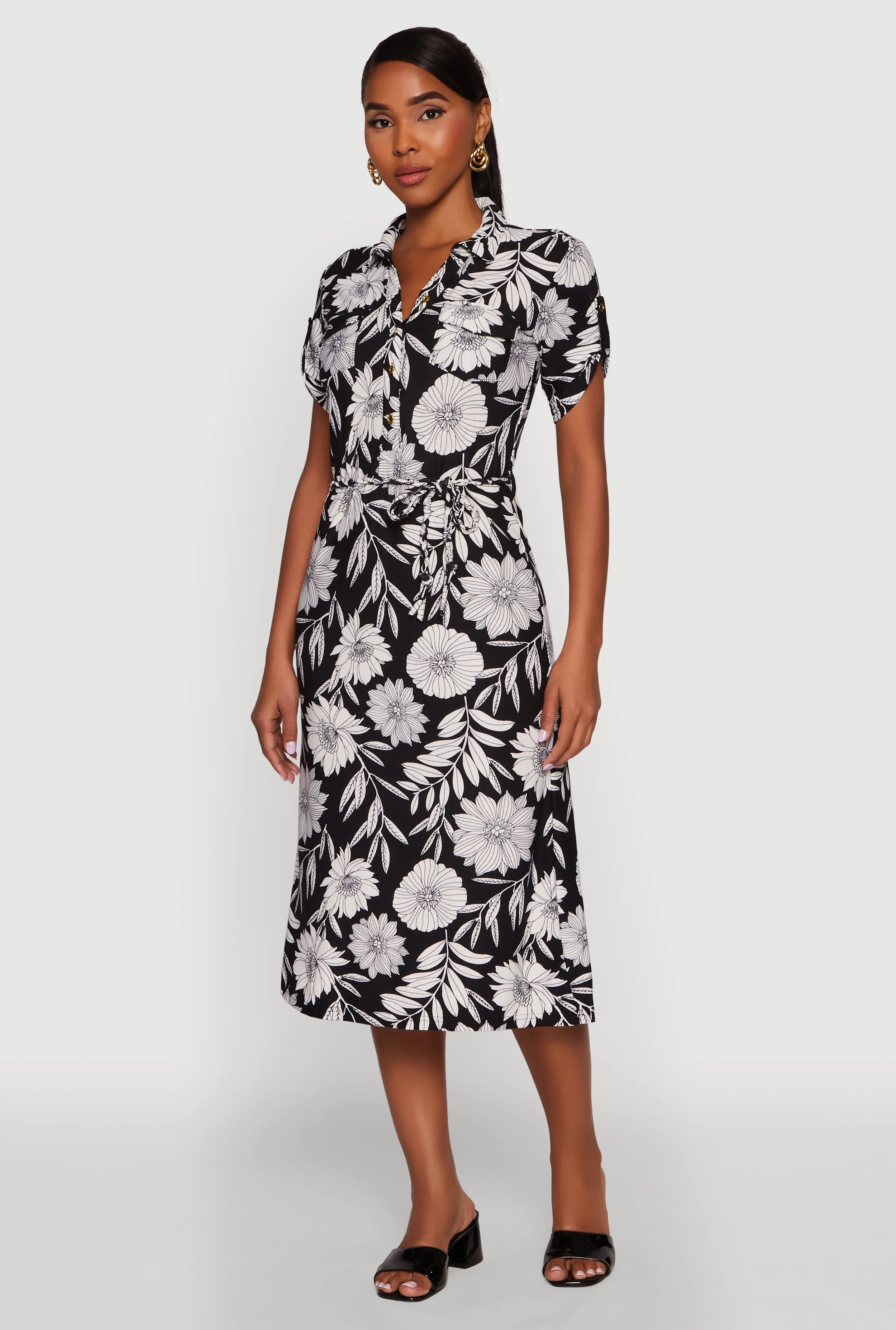 Floral Half Button Front Shirt Dress with Tie Waist Belt sold by Rainbow product image thumbnail 2