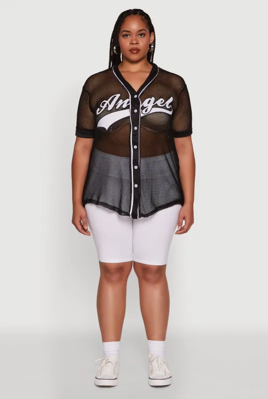 Plus Size Angel Graphic Short Sleeve V Neck Baseball Shirt sold by Rainbow