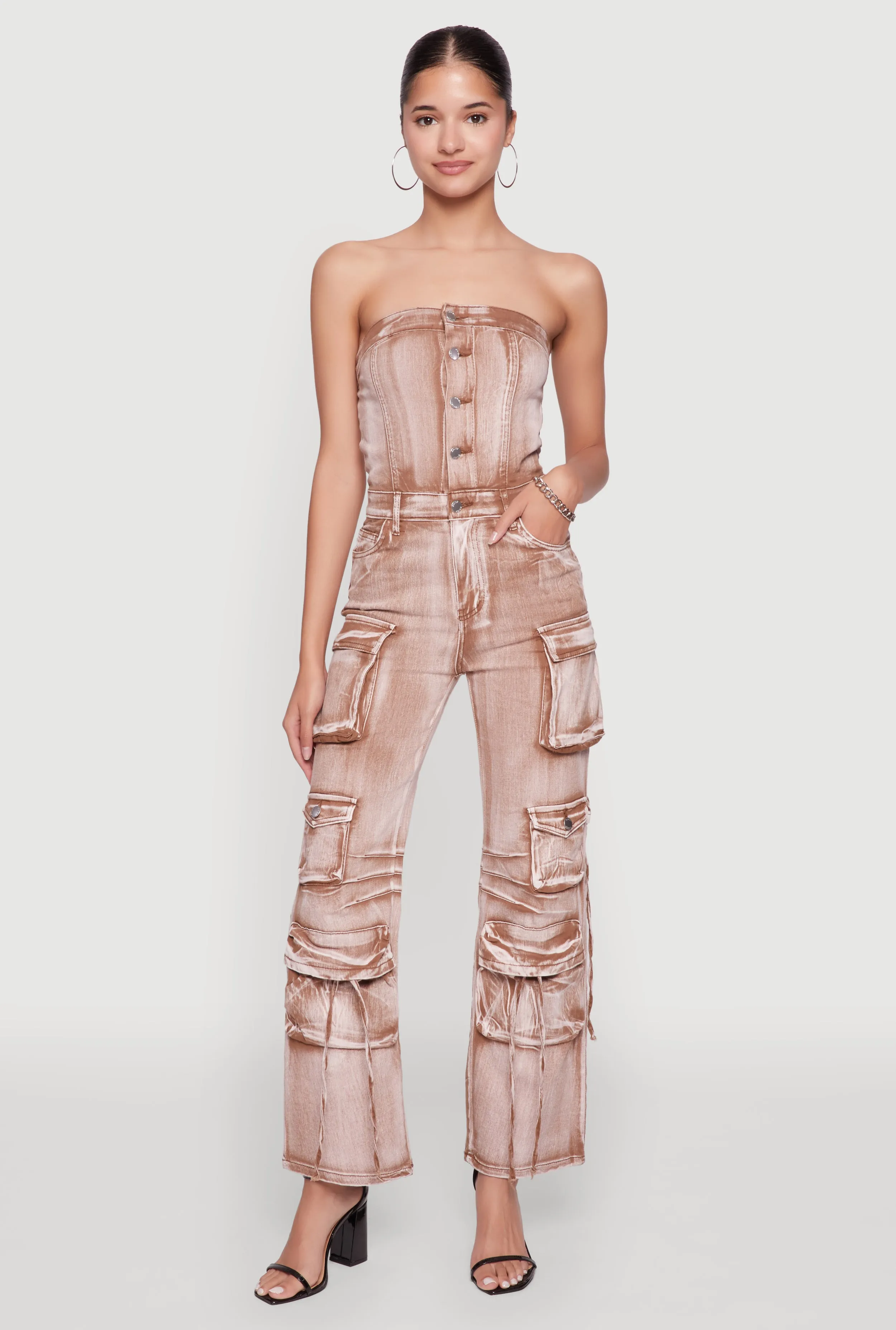 Daisy Denim Strapless Flare Jumpsuit with Cargo Pockets sold by Rainbow