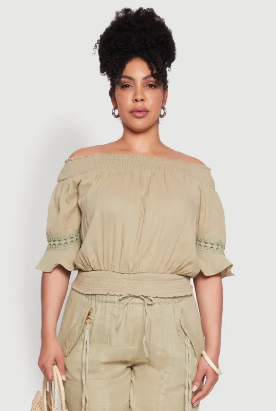 Plus Size Chic Crochet Detail Off Shoulder Blouse sold by Rainbow