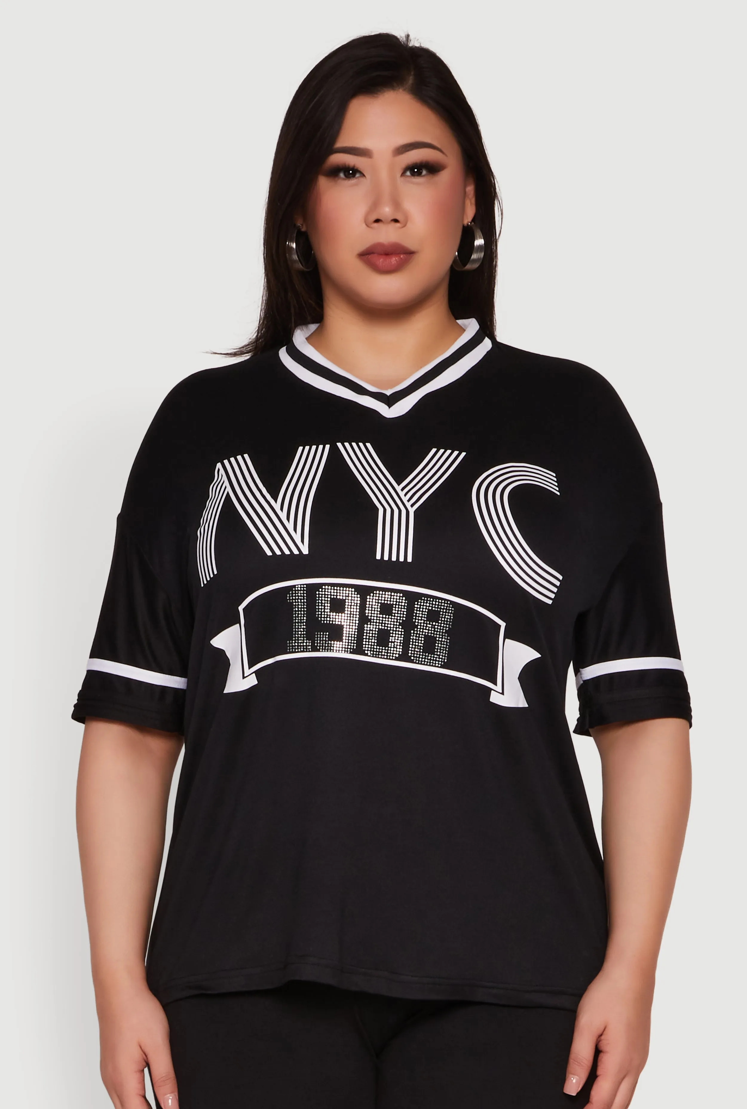 Plus Size NYC 1988 Rhinestone Varsity Stripe V Neck T Shirt sold by Rainbow product image thumbnail 2