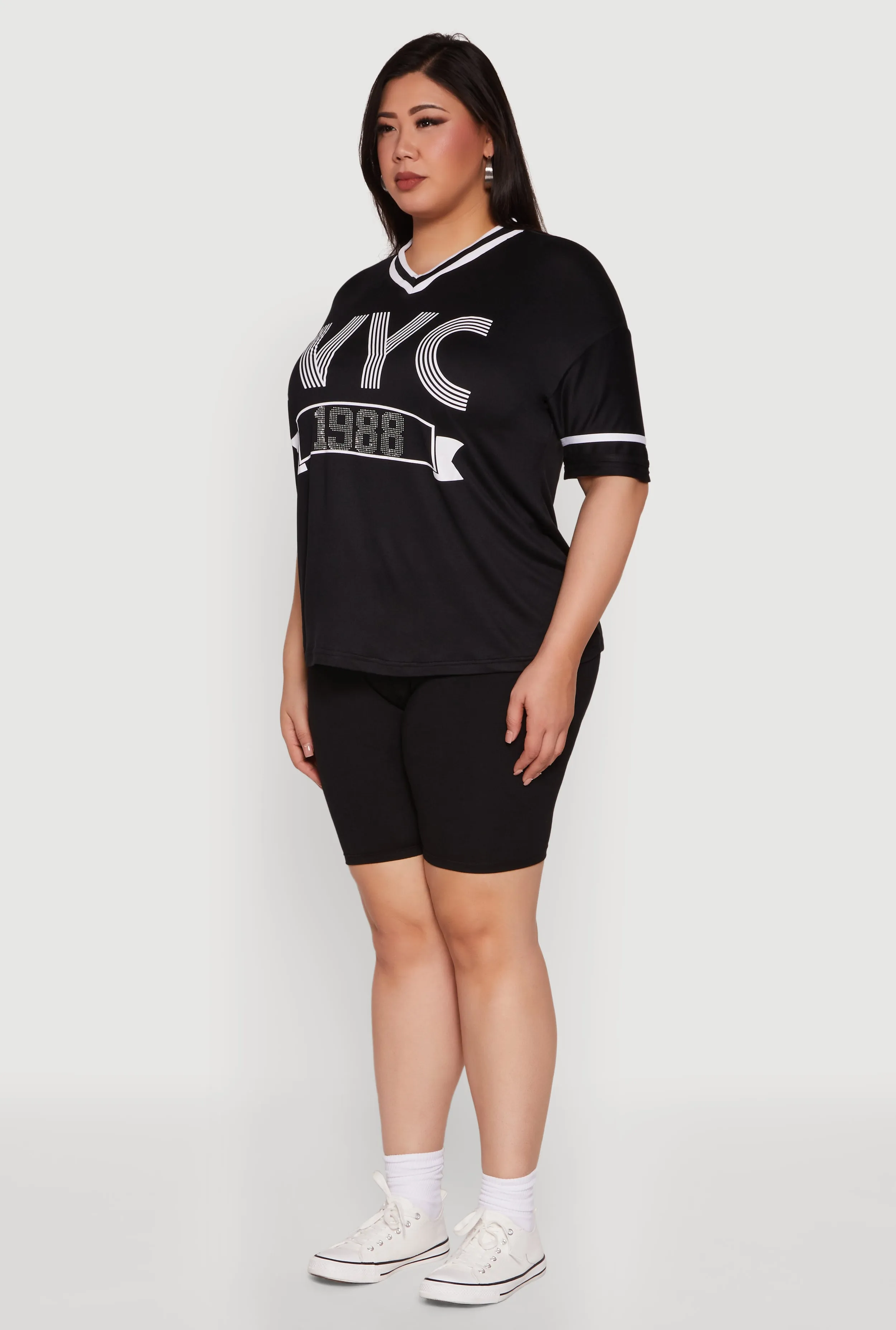 Plus Size NYC 1988 Rhinestone Varsity Stripe V Neck T Shirt sold by Rainbow product image thumbnail 5