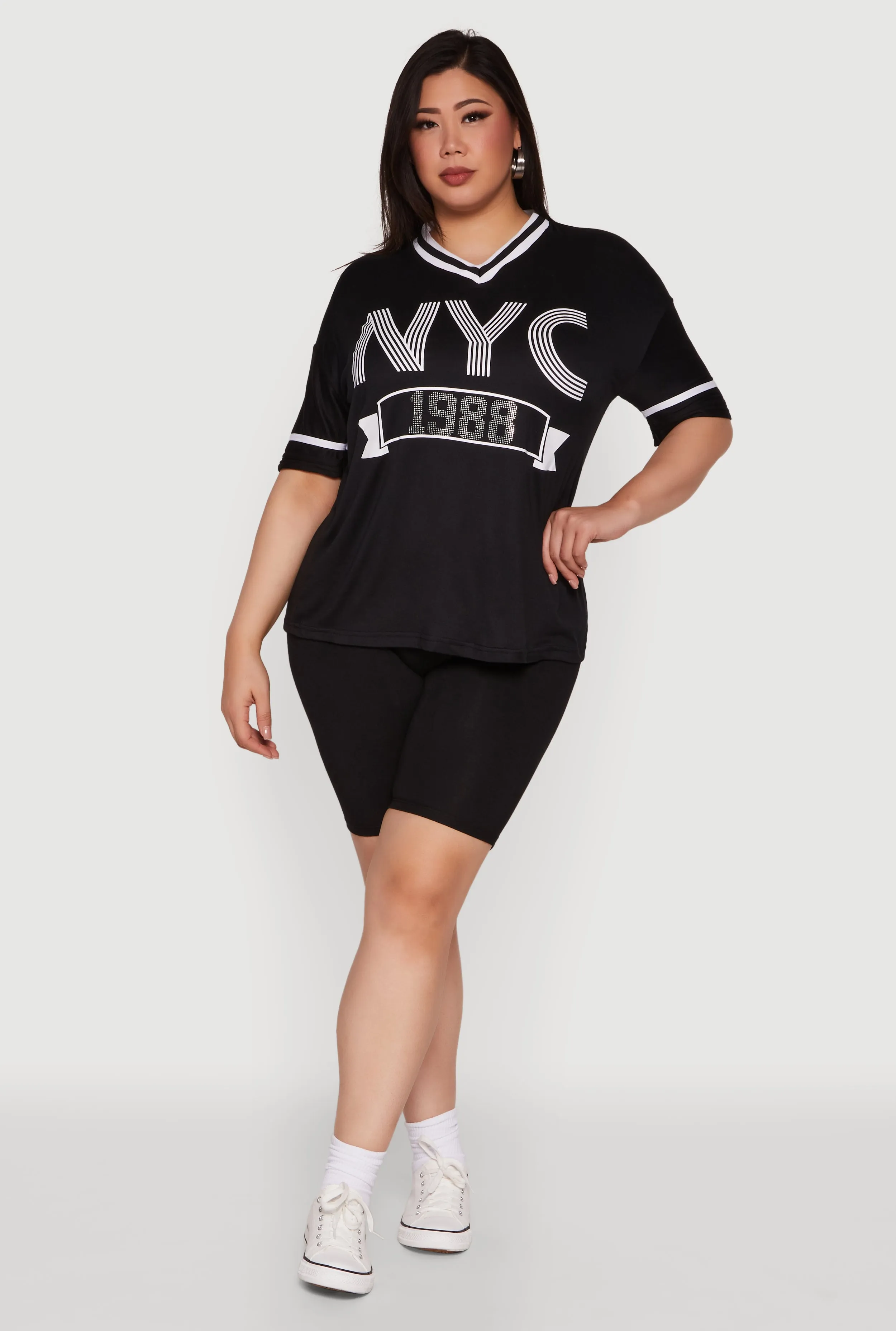 Plus Size NYC 1988 Rhinestone Varsity Stripe V Neck T Shirt sold by Rainbow product image thumbnail 3