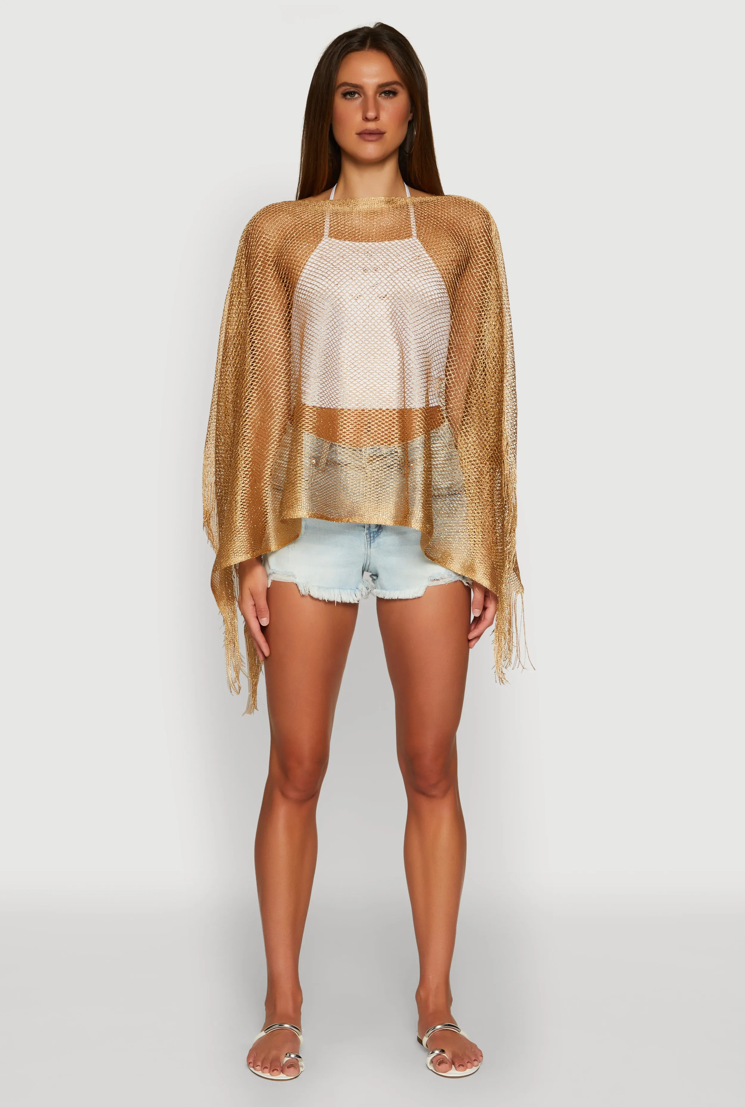 Stylish Lurex Fringed Fishnet Ruana sold by Rainbow