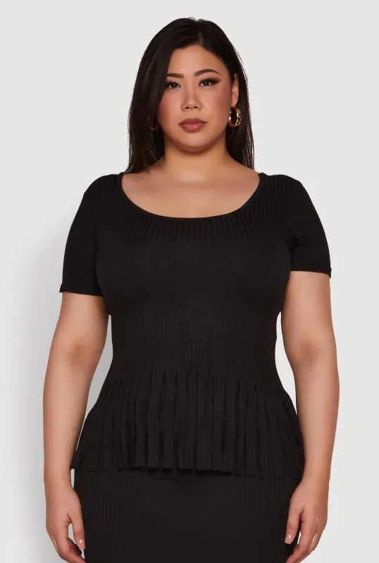 Plus Size Stylish Ribbed Knit Fringe Hem Tee sold by Rainbow
