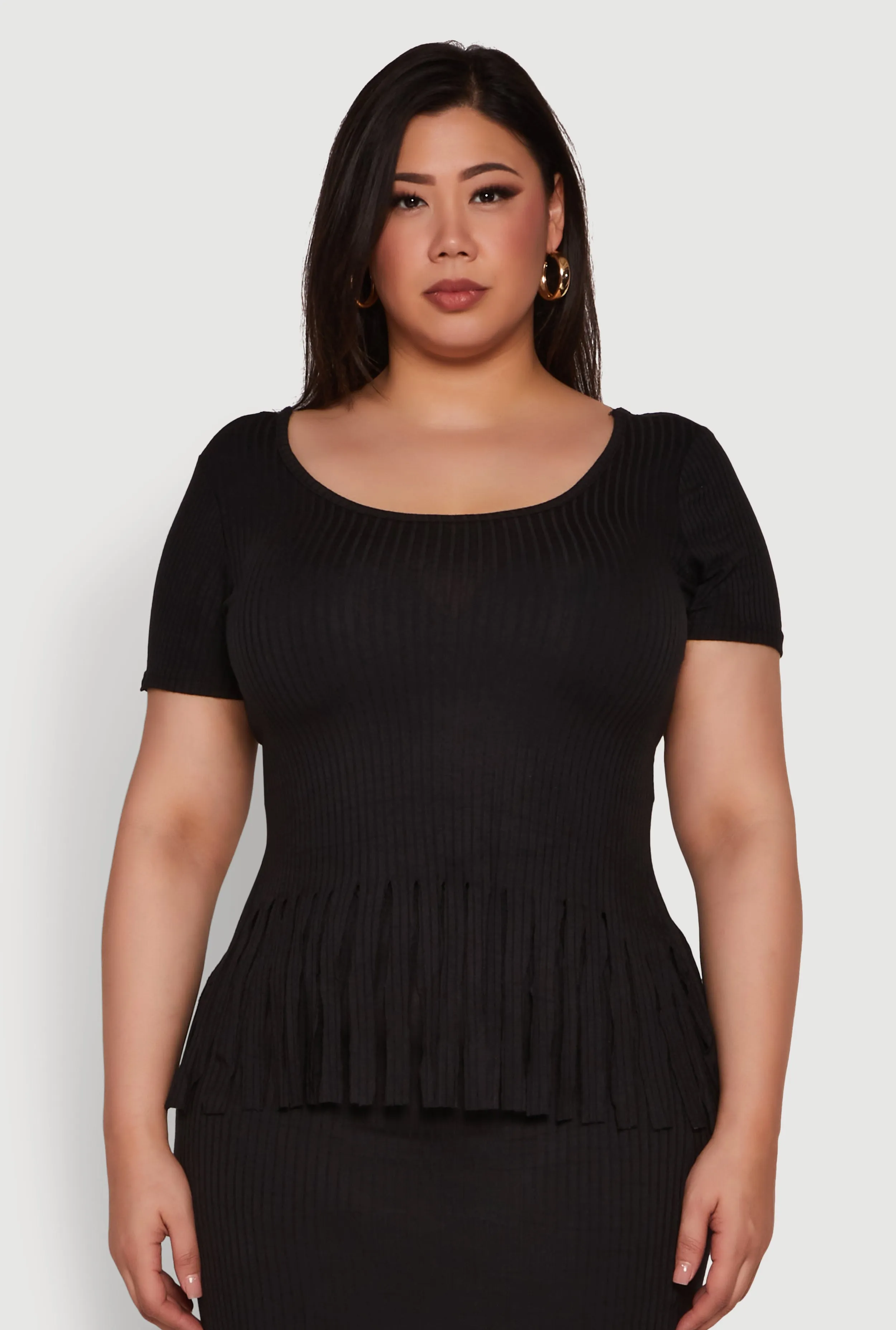 Plus Size Stylish Ribbed Knit Fringe Hem Tee sold by Rainbow