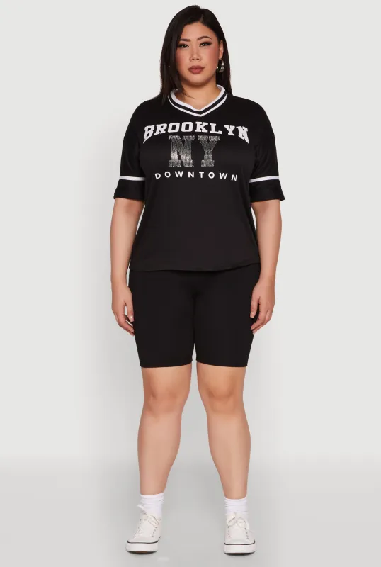 Plus Size Brooklyn NY Downtown Rhinestone Varsity Stripe V Neck T Shirt sold by Rainbow