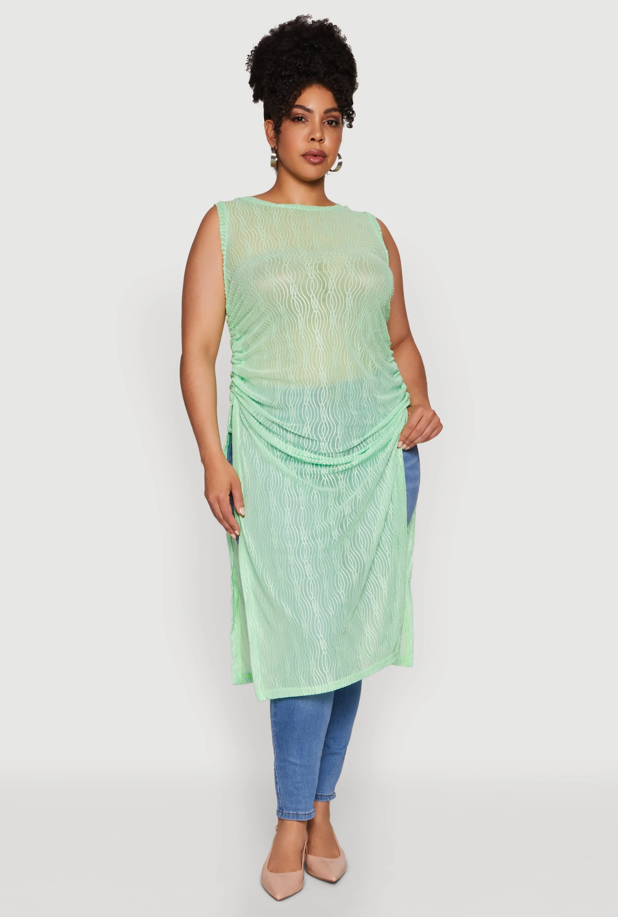 Plus Size Stylish Mesh Side Slit Tank Top with Ruching and Maxi Hem sold by Rainbow product image thumbnail 3