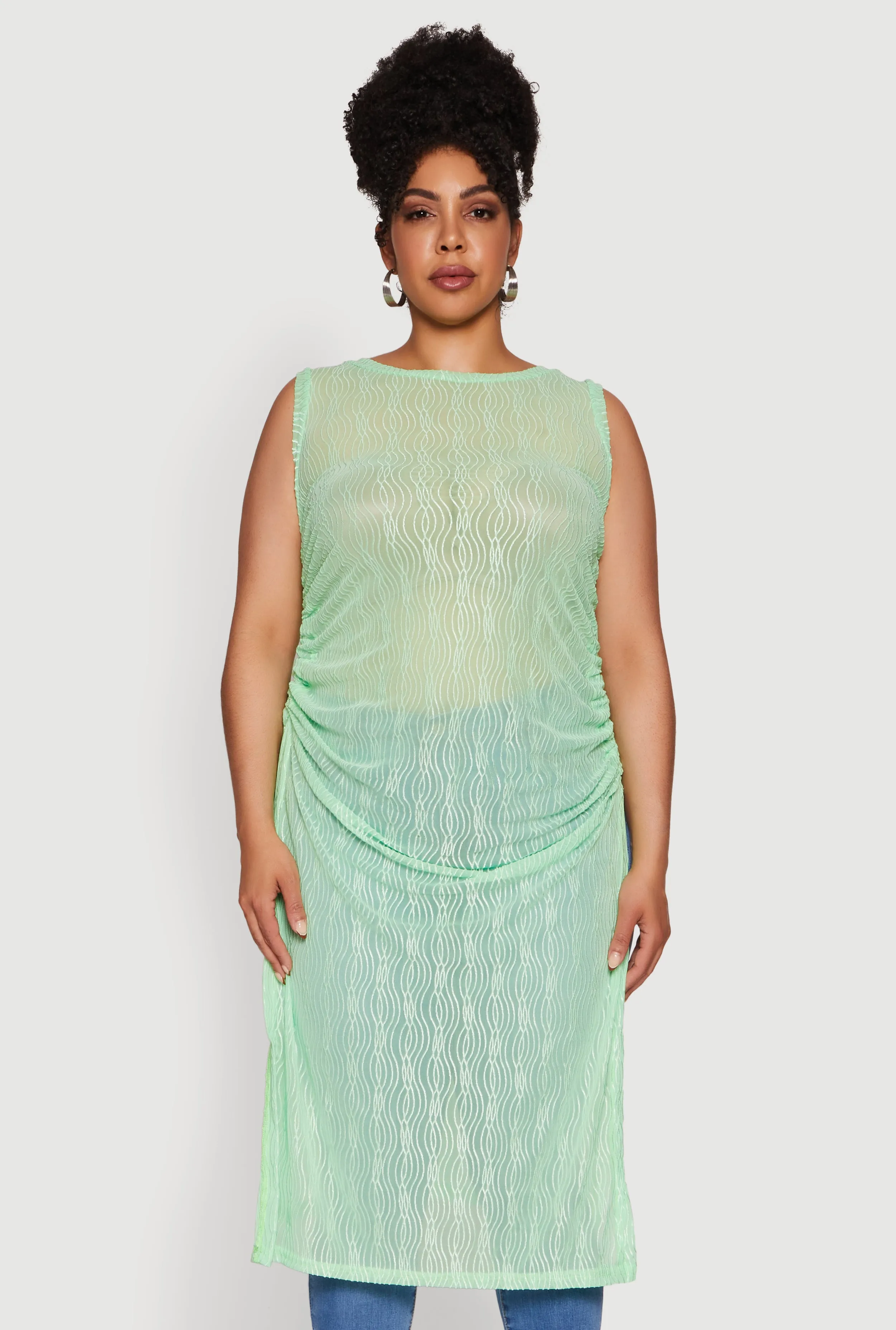 Plus Size Stylish Mesh Side Slit Tank Top with Ruching and Maxi Hem sold by Rainbow product image thumbnail 2