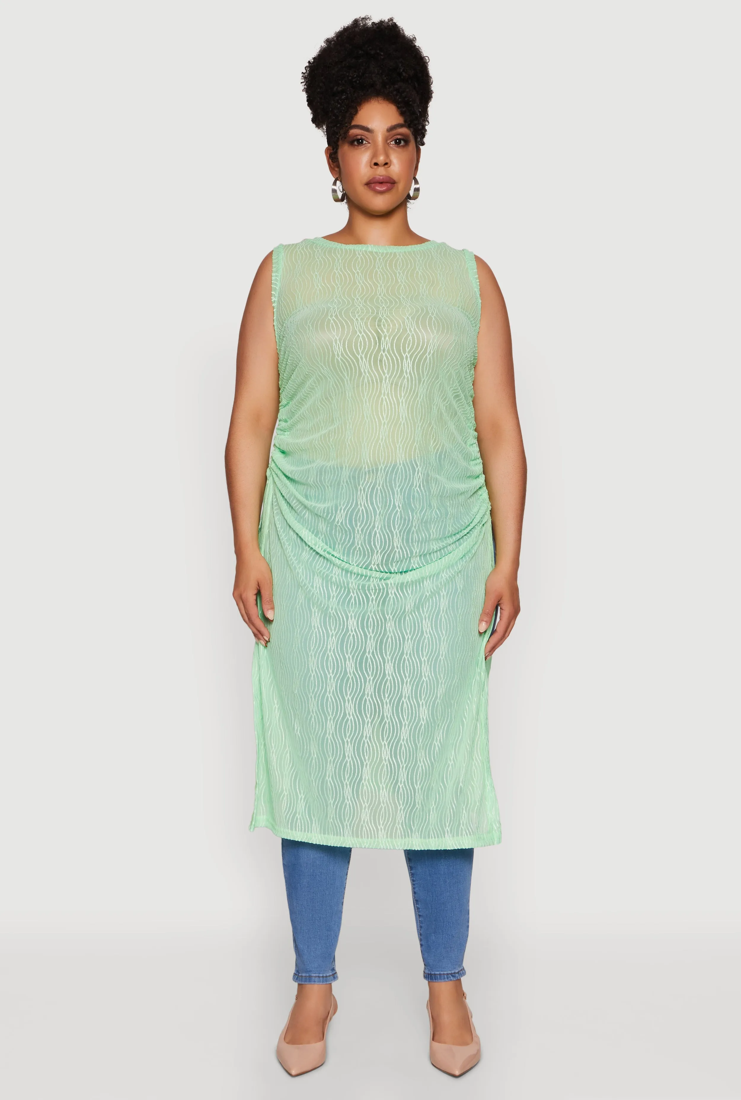 Plus Size Stylish Mesh Side Slit Tank Top with Ruching and Maxi Hem sold by Rainbow