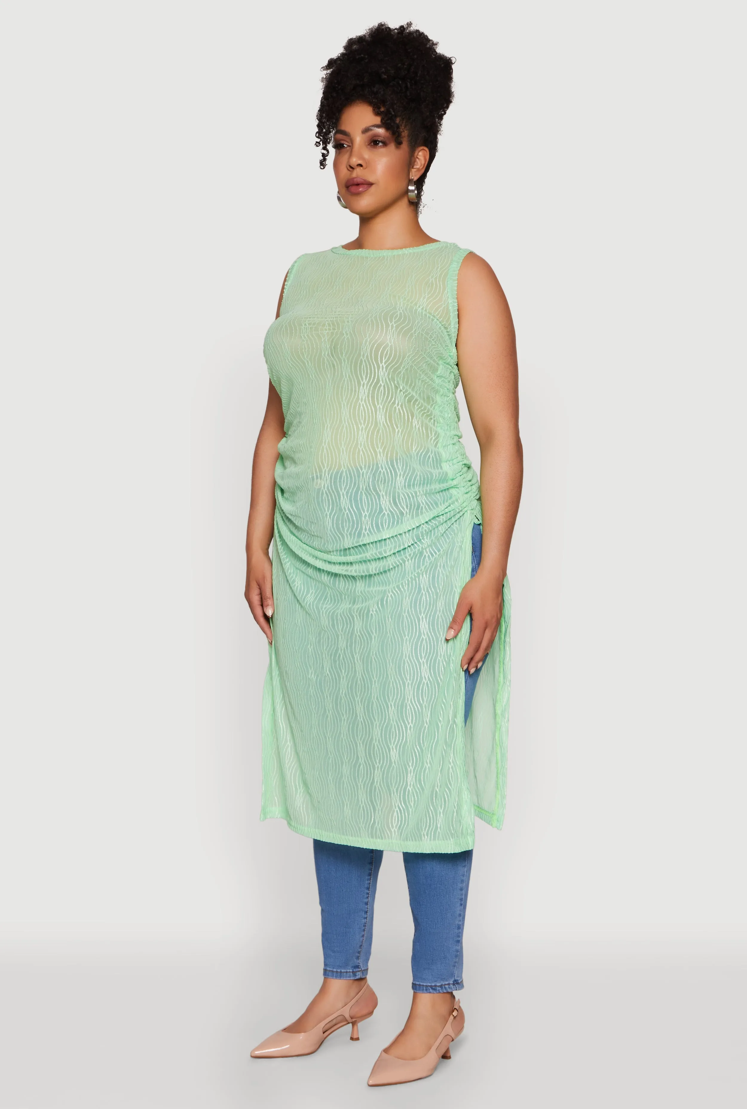 Plus Size Stylish Mesh Side Slit Tank Top with Ruching and Maxi Hem sold by Rainbow product image thumbnail 5