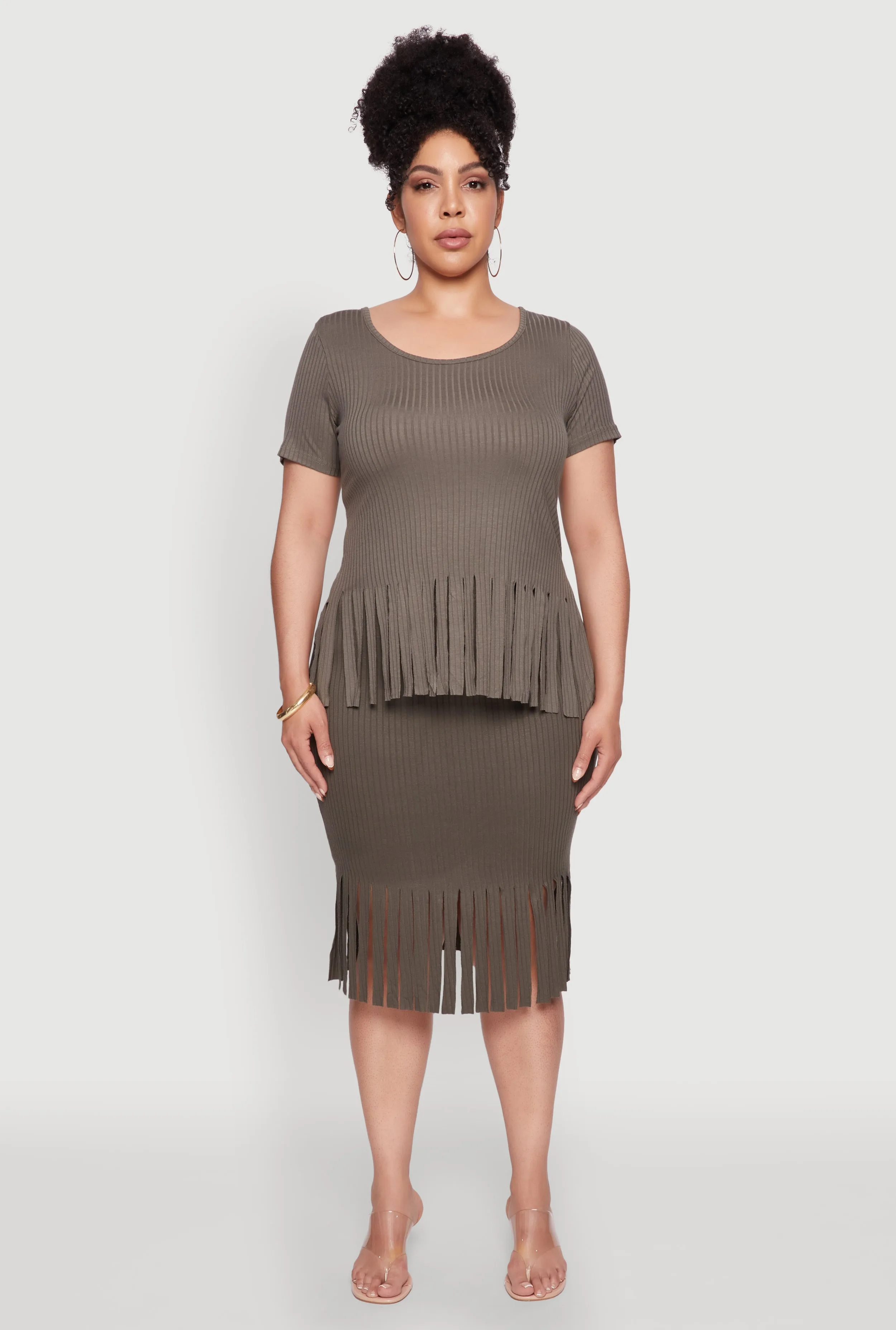 Plus Size Stylish Ribbed Knit Fringe Hem Tee sold by Rainbow product image thumbnail 3