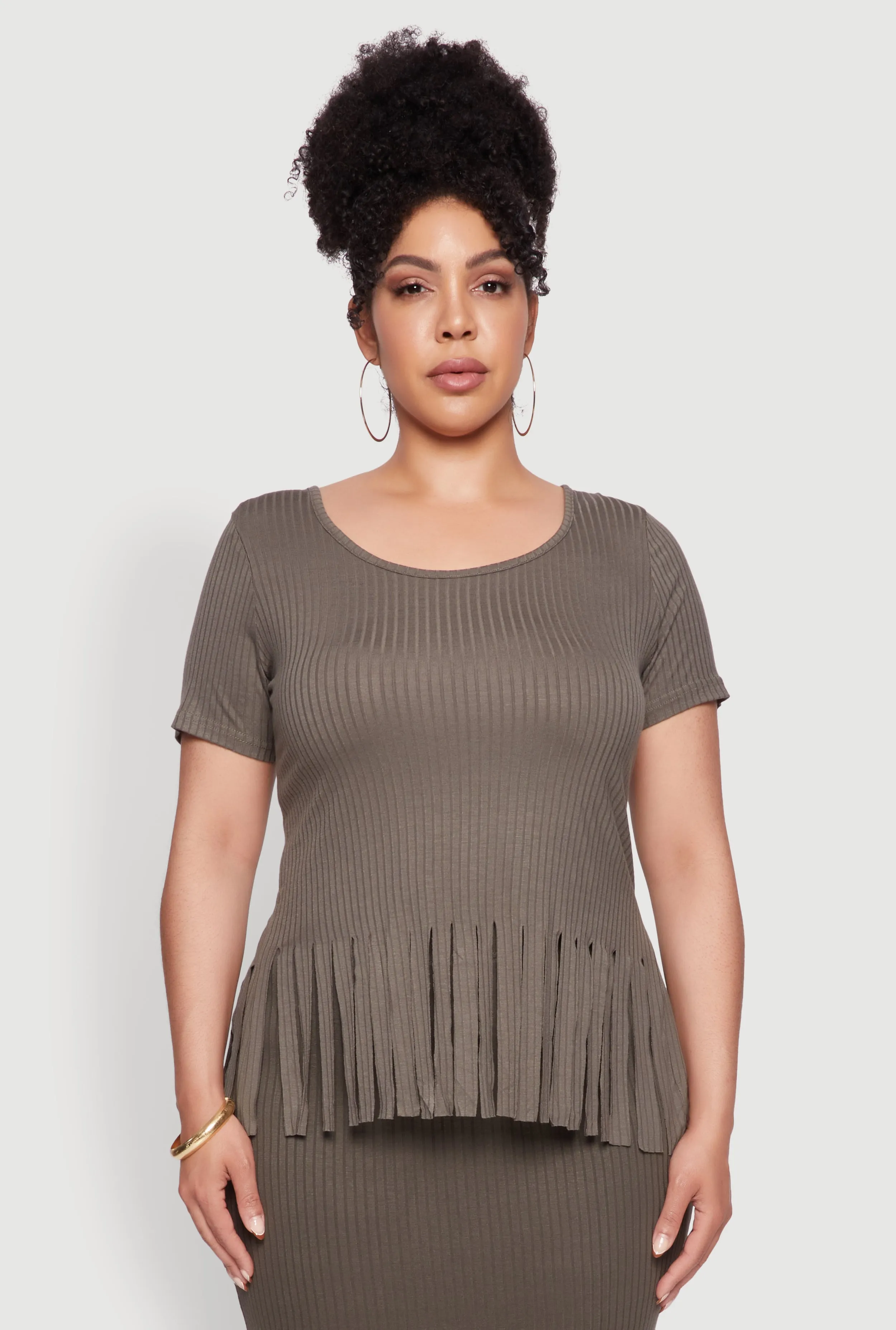 Plus Size Stylish Ribbed Knit Fringe Hem Tee sold by Rainbow