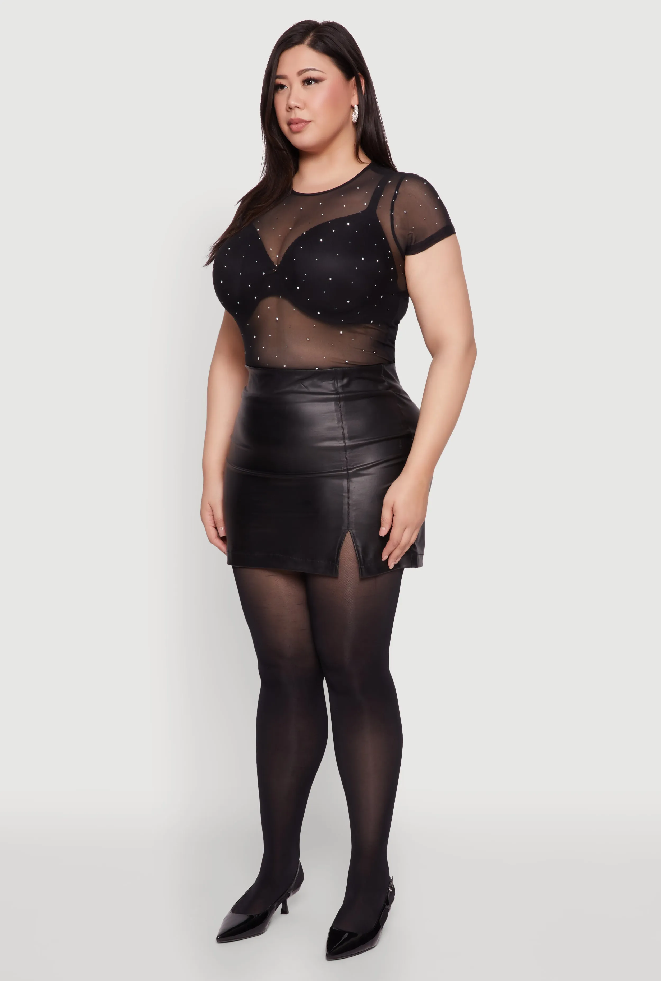 Plus Size Mesh Rhinestone Short Sleeve Blouse with Crew Neck sold by Rainbow product image thumbnail 5