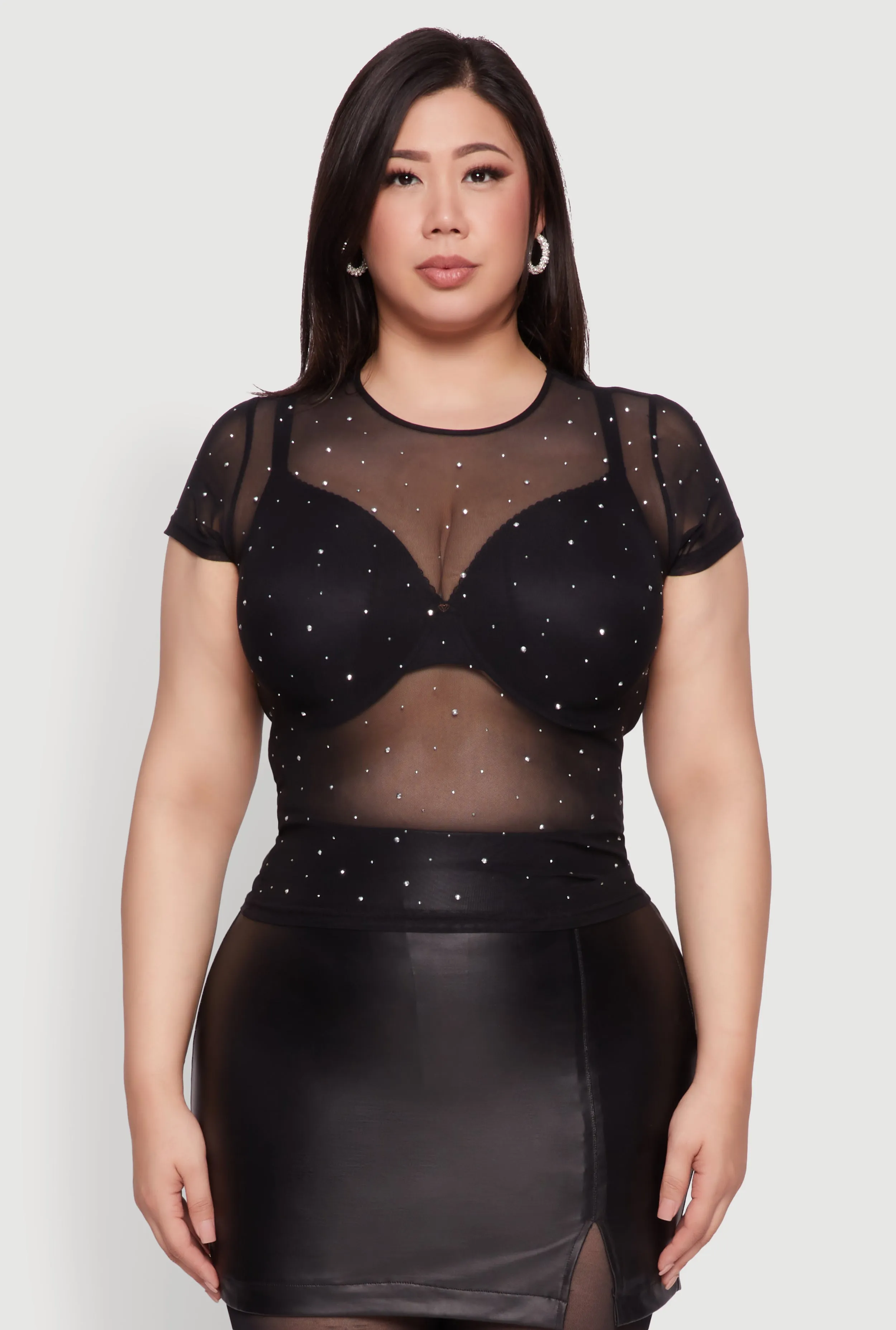 Plus Size Mesh Rhinestone Short Sleeve Blouse with Crew Neck sold by Rainbow product image thumbnail 2