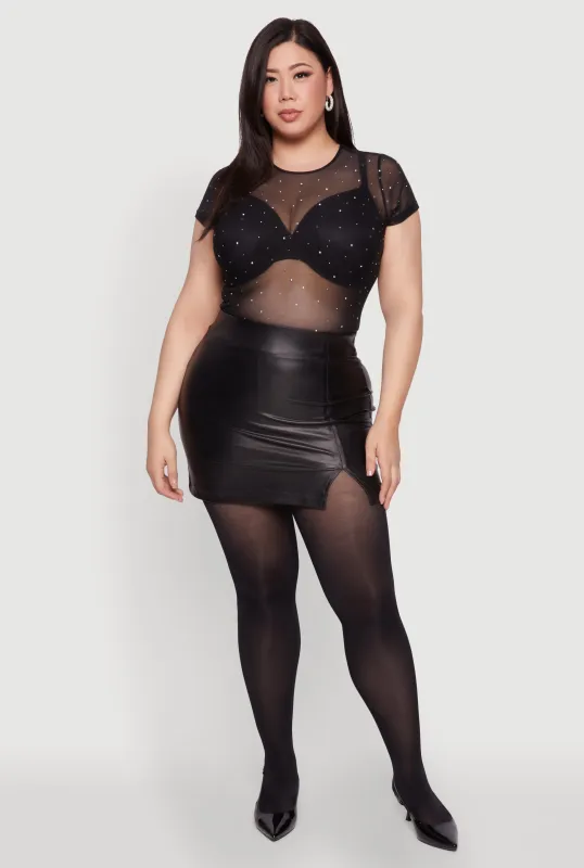 Plus Size Mesh Rhinestone Short Sleeve Blouse with Crew Neck sold by Rainbow