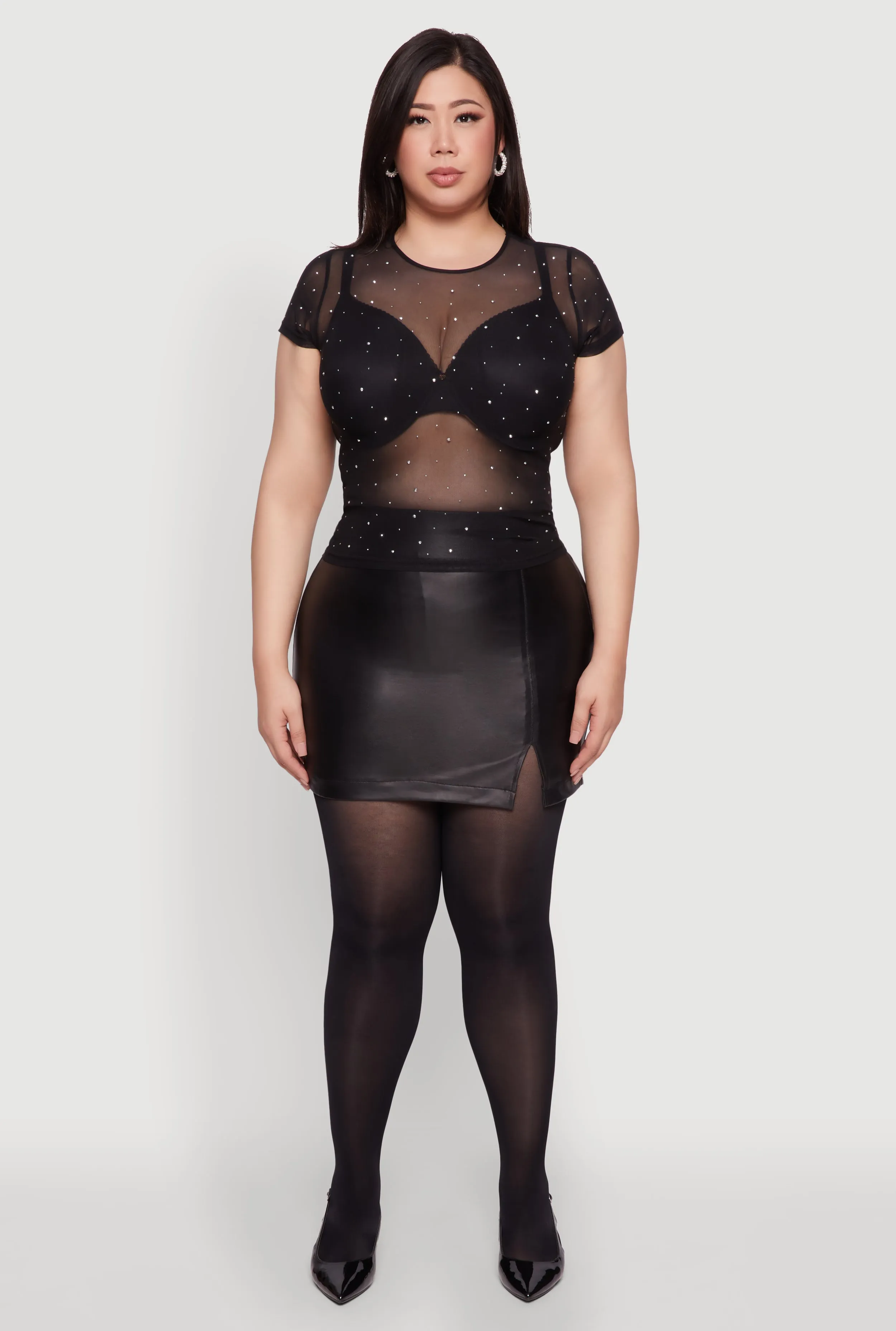 Plus Size Mesh Rhinestone Short Sleeve Blouse with Crew Neck sold by Rainbow product image thumbnail 3