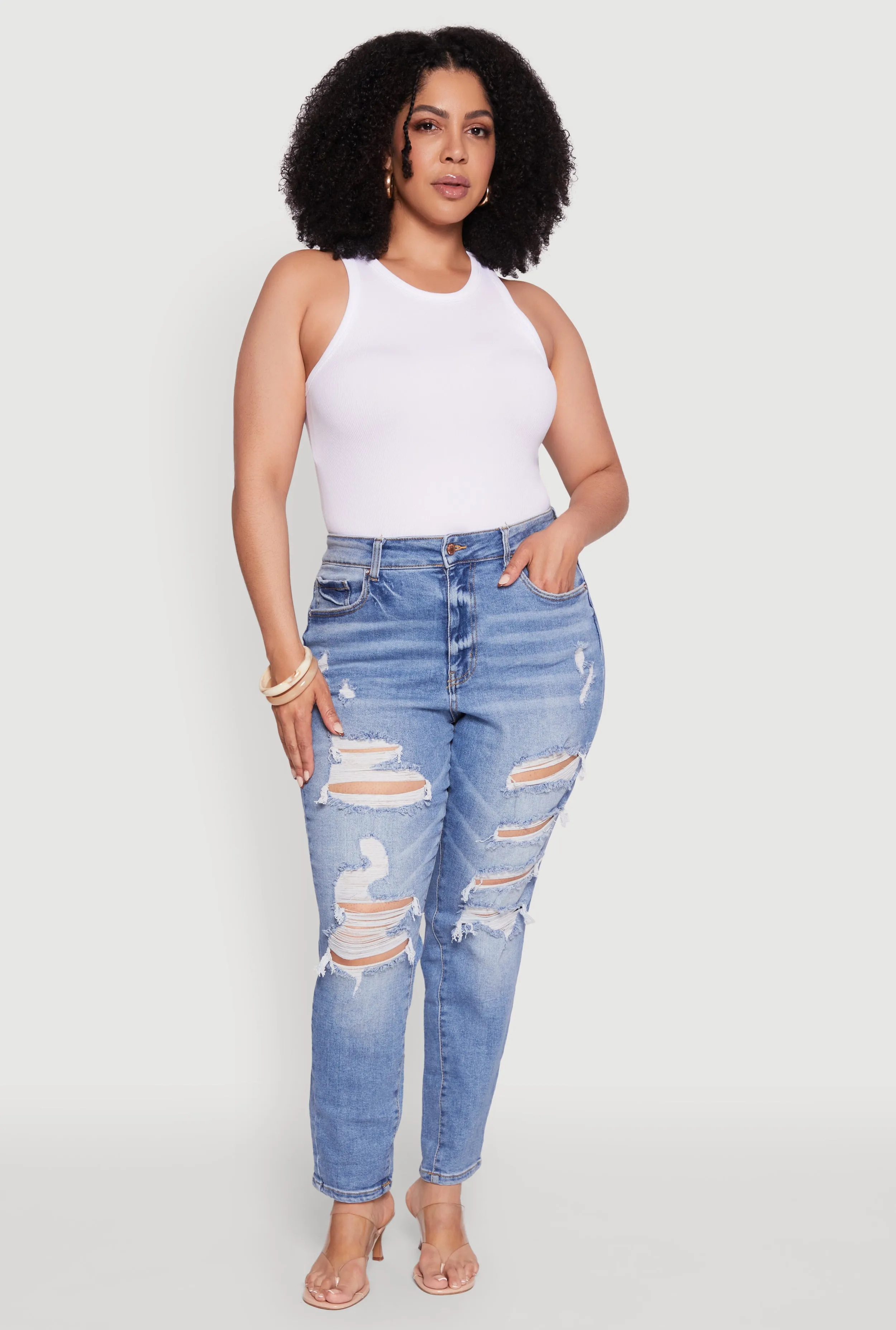 Plus Size WAX High Waist Whiskered Distressed Jeans sold by Rainbow