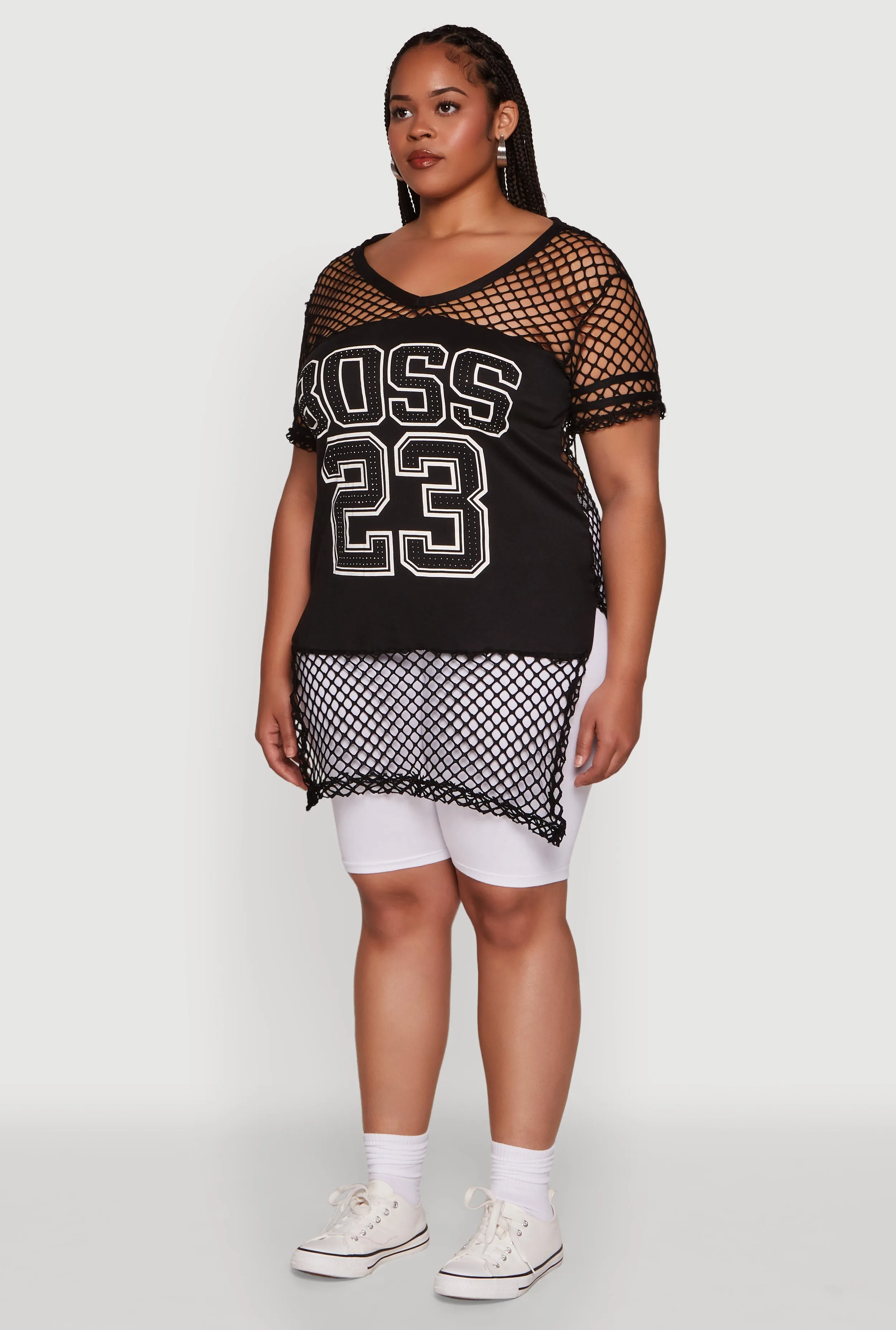 Plus Size Fishnet Boss 23 Rhinestone Graphic Top with Varsity Stripe Details sold by Rainbow product image thumbnail 5