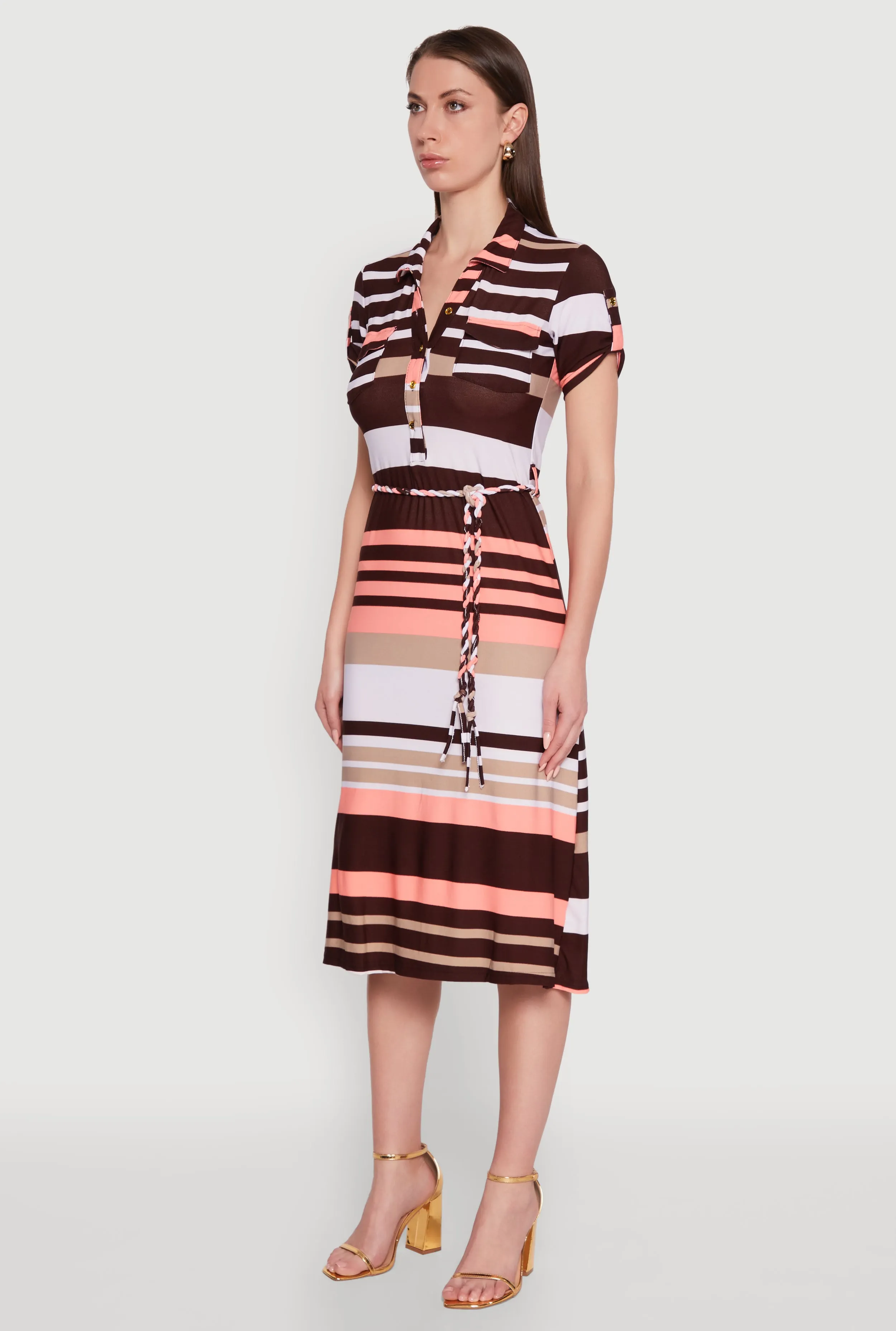 Stylish Tie Waist Belted Tabbed Sleeve Shirt Dress sold by Rainbow product image thumbnail 3