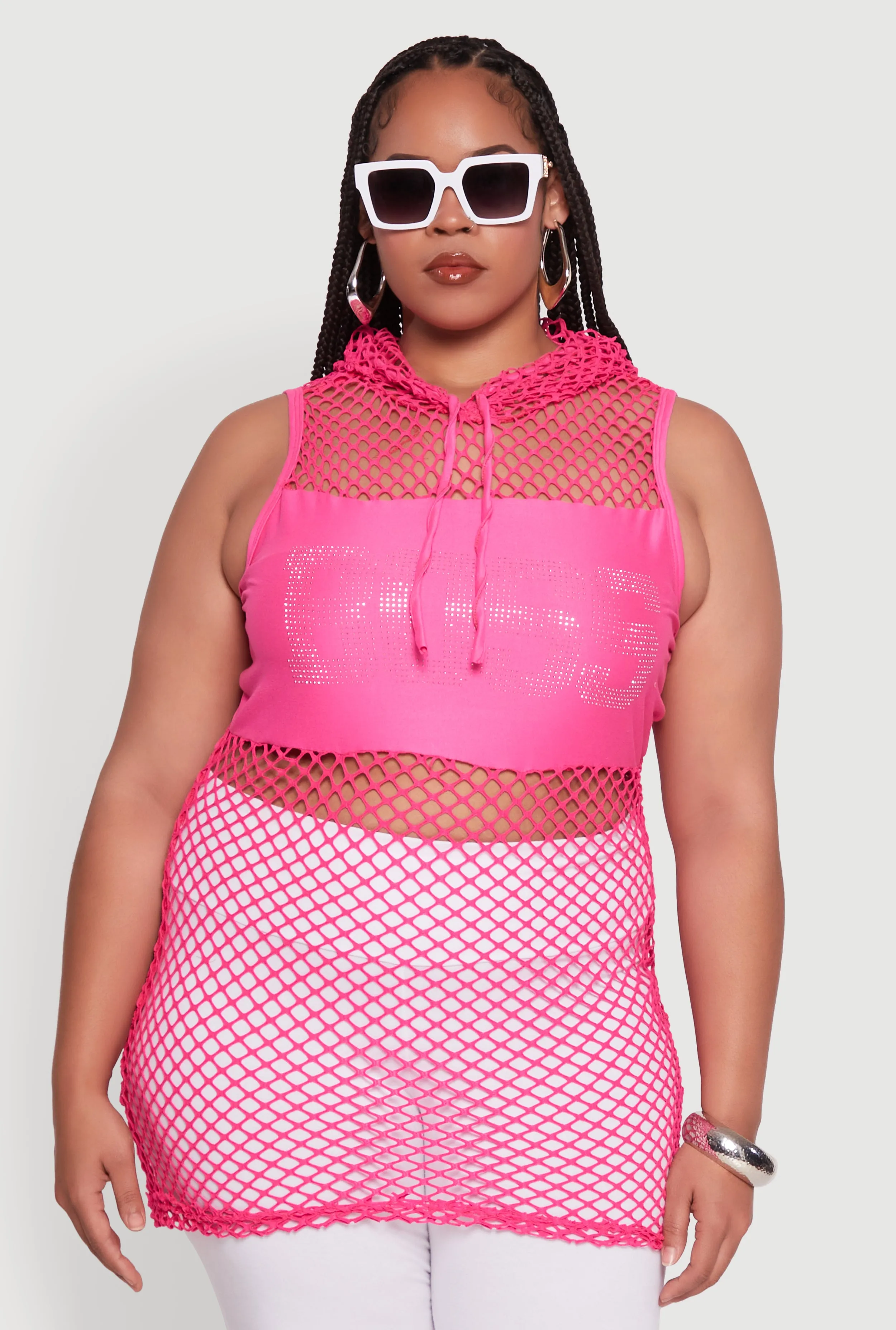 Plus Size Fishnet Boss Rhinestone Hooded Tank Top sold by Rainbow product image thumbnail 2