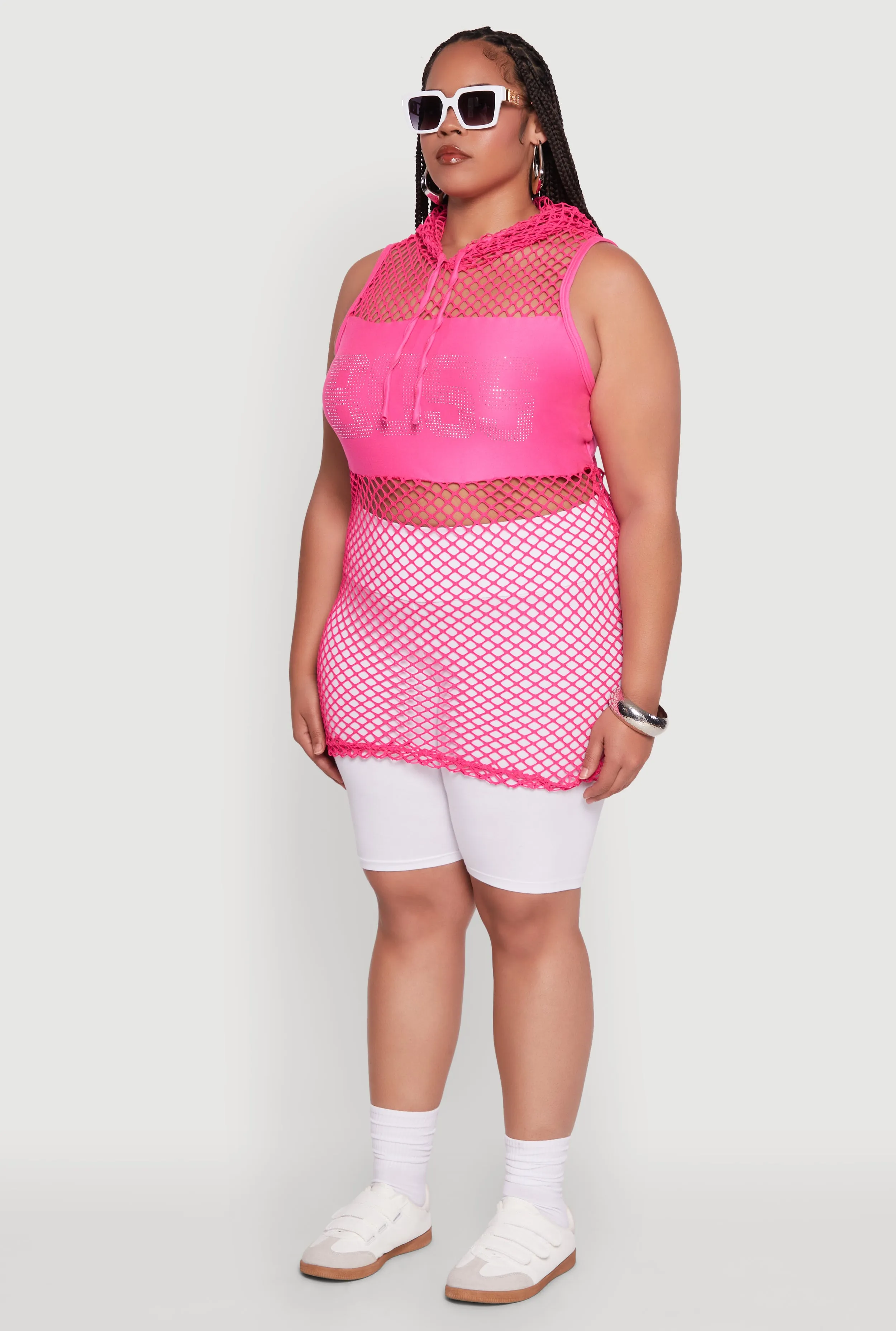Plus Size Fishnet Boss Rhinestone Hooded Tank Top sold by Rainbow product image thumbnail 5