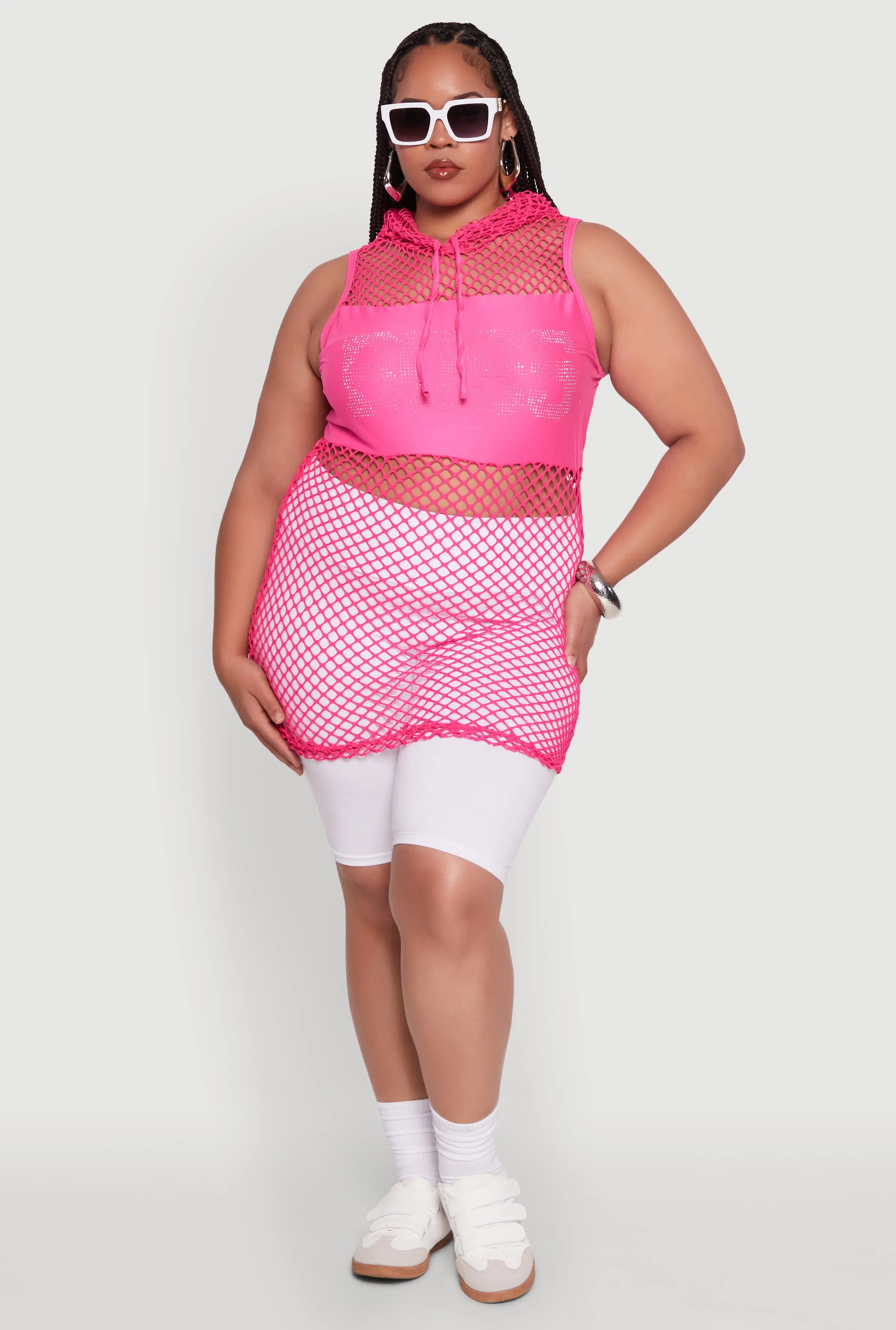 Plus Size Fishnet Boss Rhinestone Hooded Tank Top sold by Rainbow