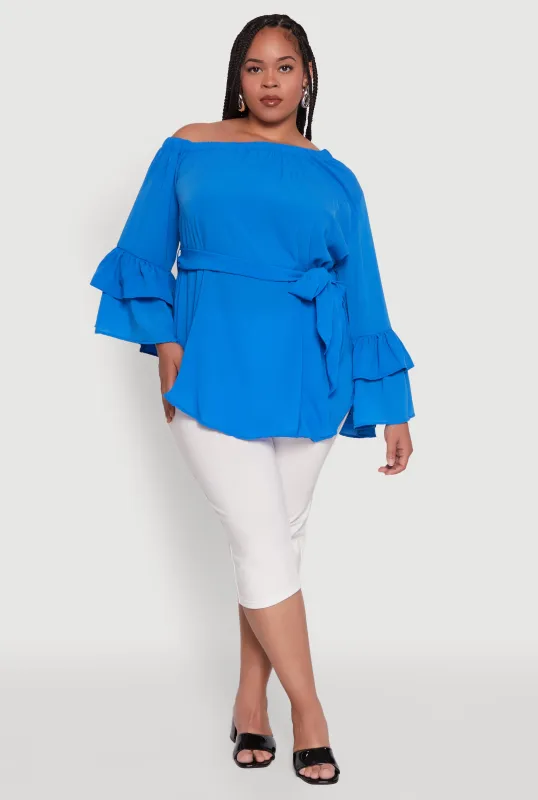 Plus Size Stylish One Shoulder Bell Sleeve Blouse with Ruffles sold by Rainbow