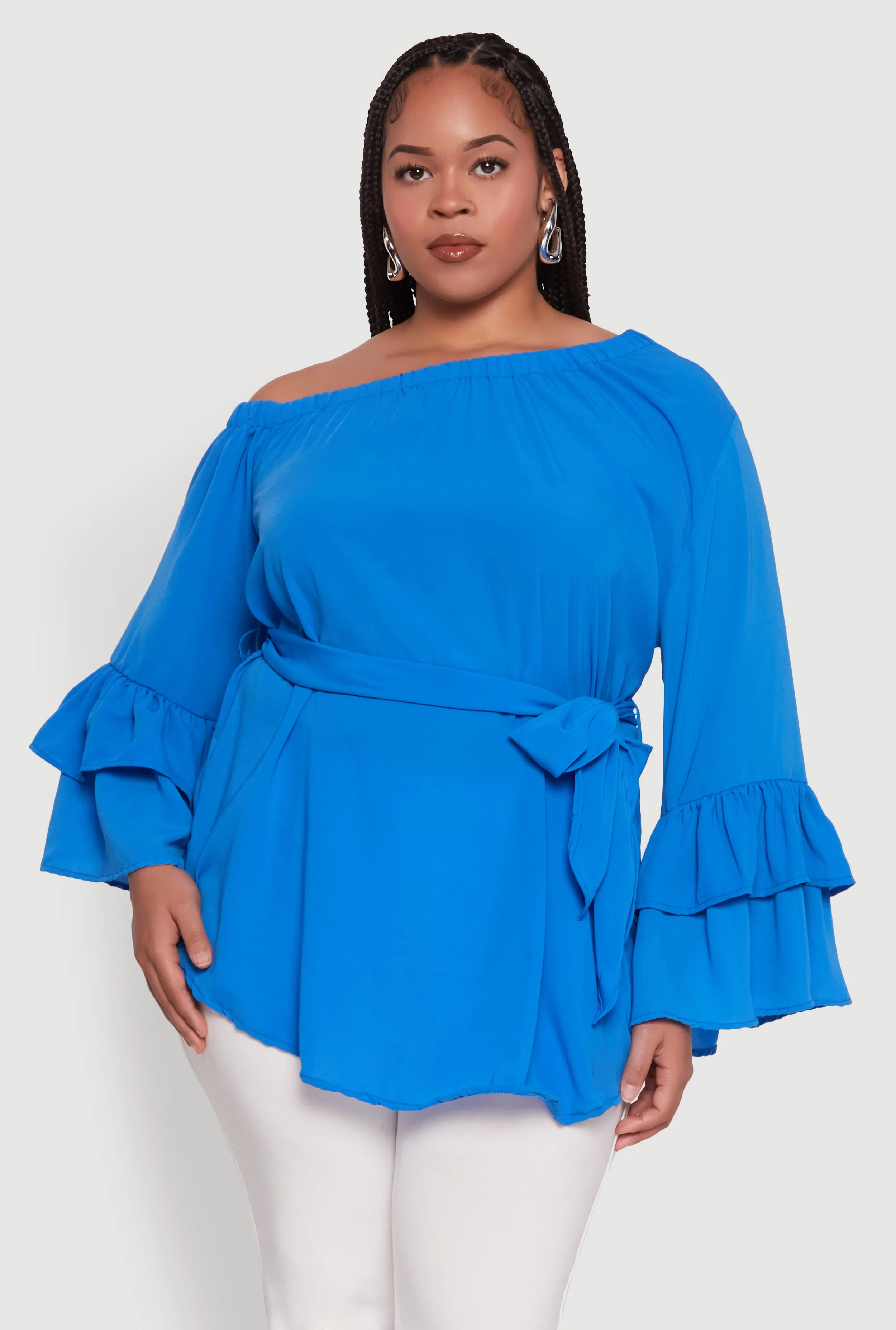 Plus Size Stylish One Shoulder Bell Sleeve Blouse with Ruffles sold by Rainbow product image thumbnail 2