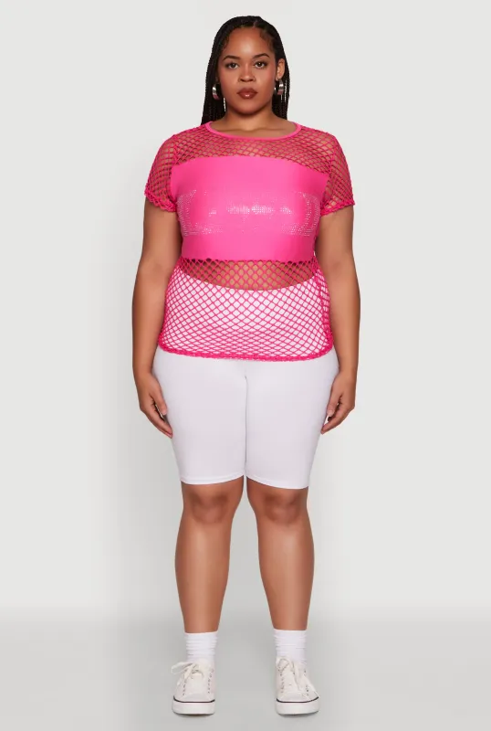 Plus Size Blessed Rhinestone Fishnet Top with Crew Neck sold by Rainbow